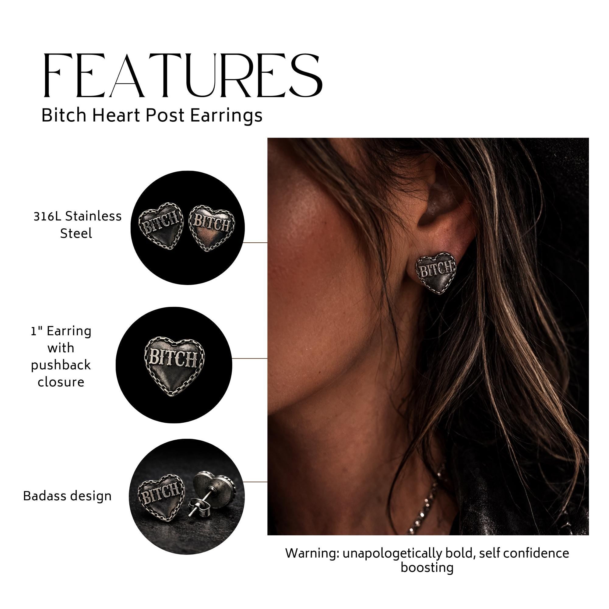 Bitch Heart Stud Earrings, Stainless Steel Swear Word Earrings, Rebel Cowgirl Jewelry, Edgy Statement Studs, Funny Gift for Bold Women