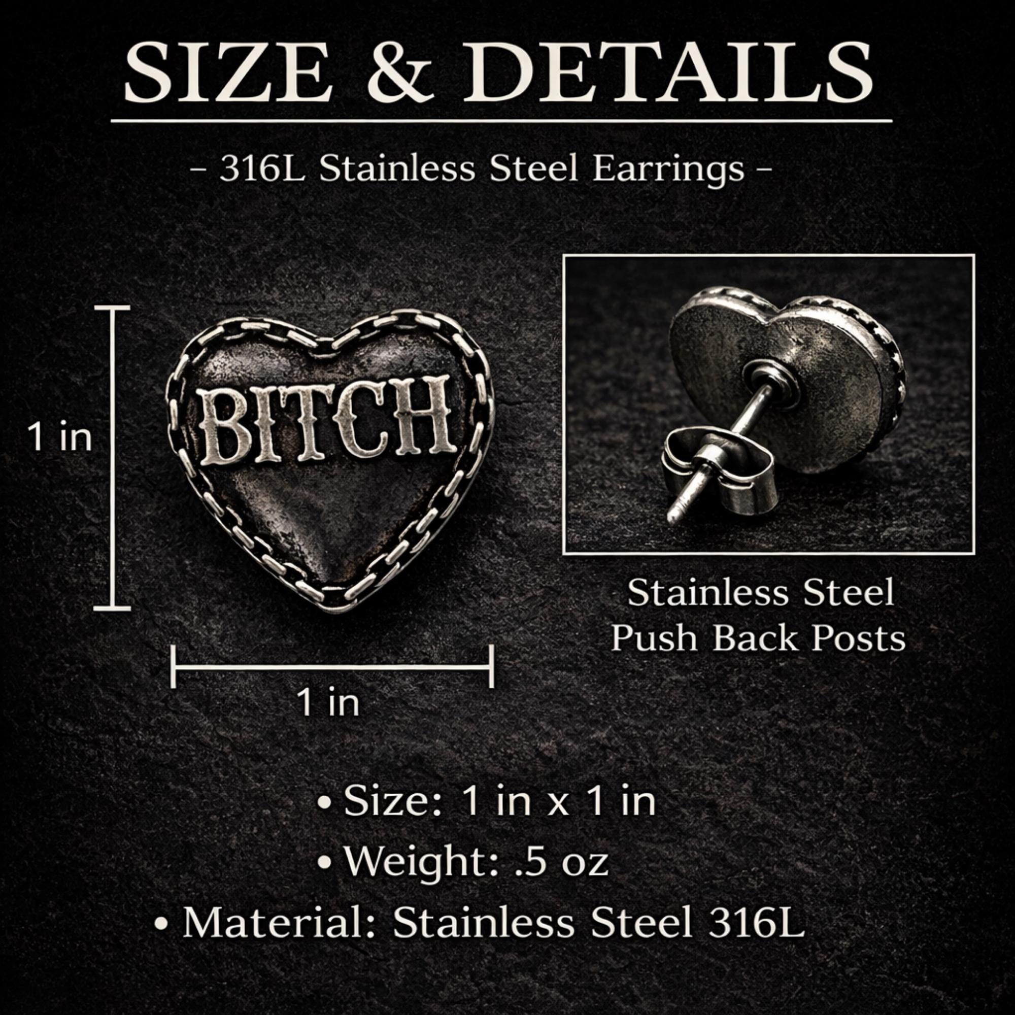 Bitch Heart Stud Earrings, Stainless Steel Swear Word Earrings, Rebel Cowgirl Jewelry, Edgy Statement Studs, Funny Gift for Bold Women