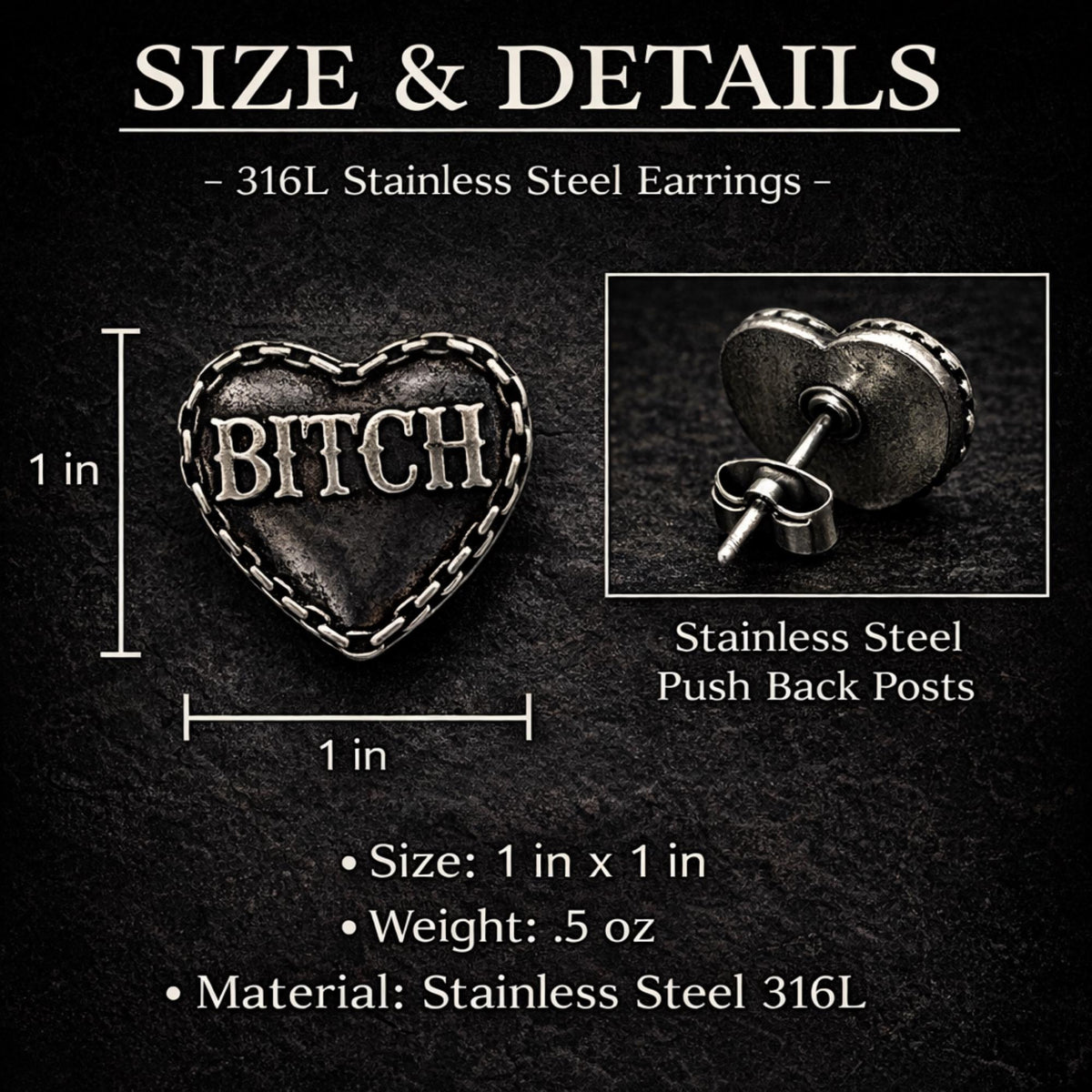 Bitch Heart Stud Earrings, Stainless Steel Swear Word Earrings, Rebel Cowgirl Jewelry, Edgy Statement Studs, Funny Gift for Bold Women