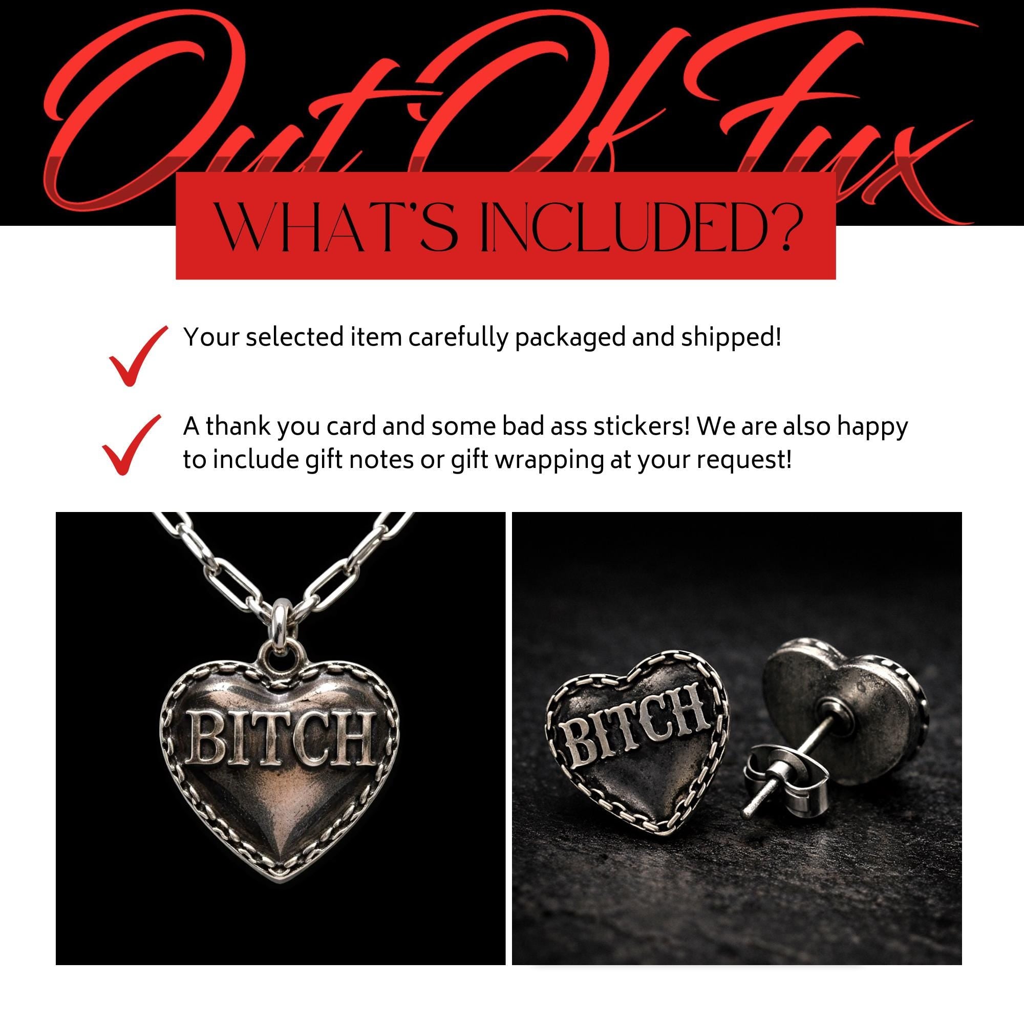 Bitch Heart Jewelry Set, Stainless Steel Necklace and Earrings, Rebel Cowgirl Jewelry, Edgy Statement Set, Funny Swear Word Gift