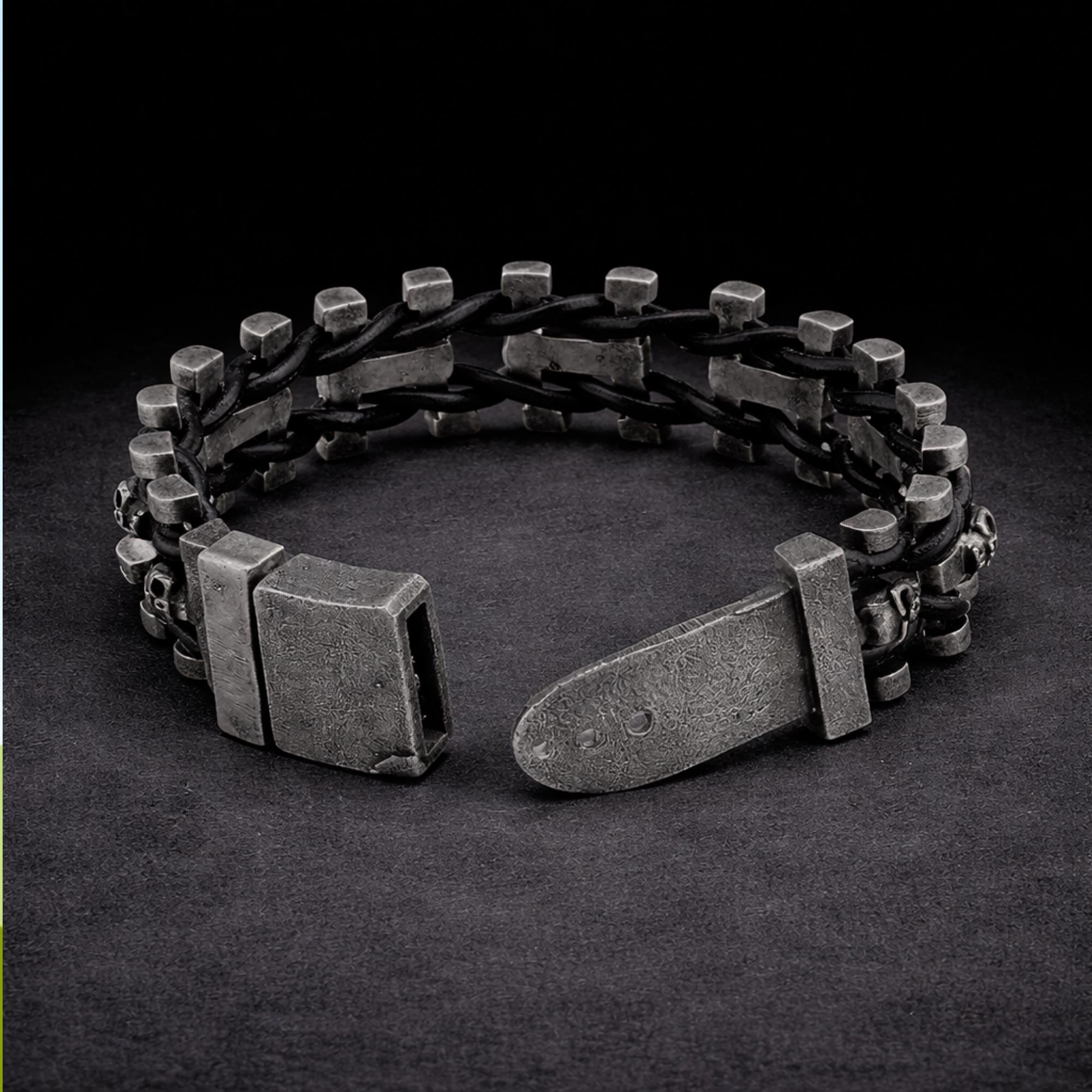 Adjustable Heavy Stainless Steel & Leather Skull Bracelet for Men