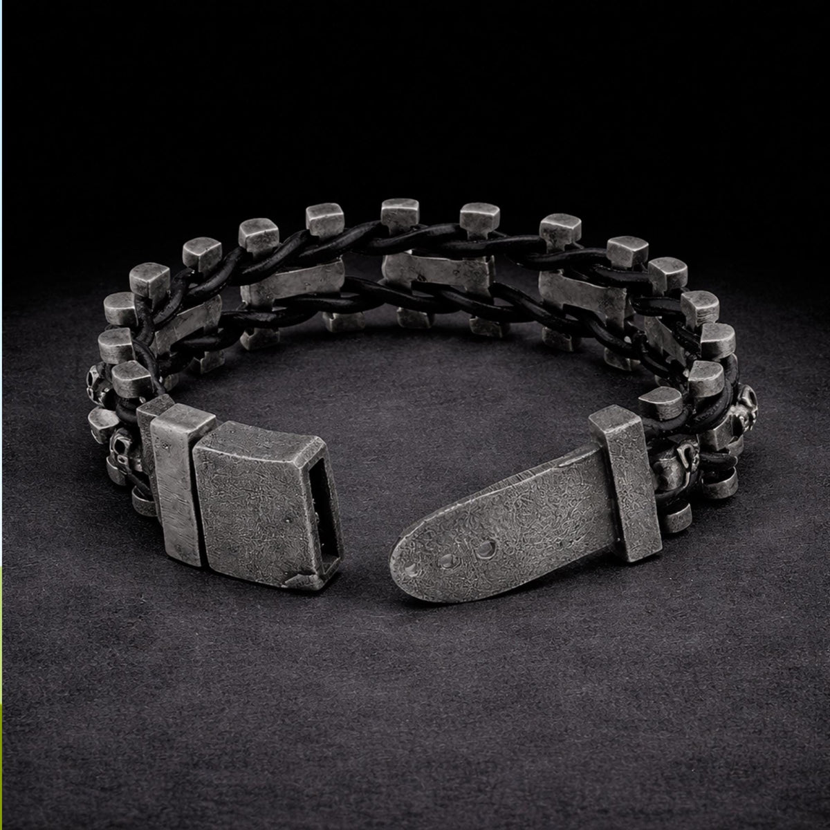 Adjustable Heavy Stainless Steel & Leather Skull Bracelet for Men