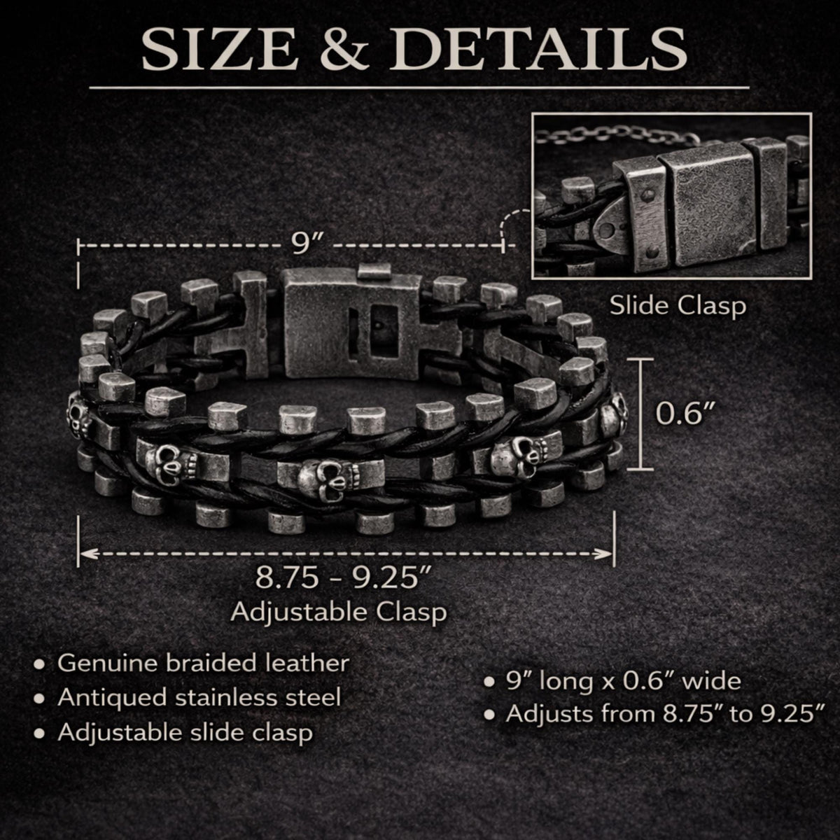 Adjustable Heavy Stainless Steel & Leather Skull Bracelet for Men