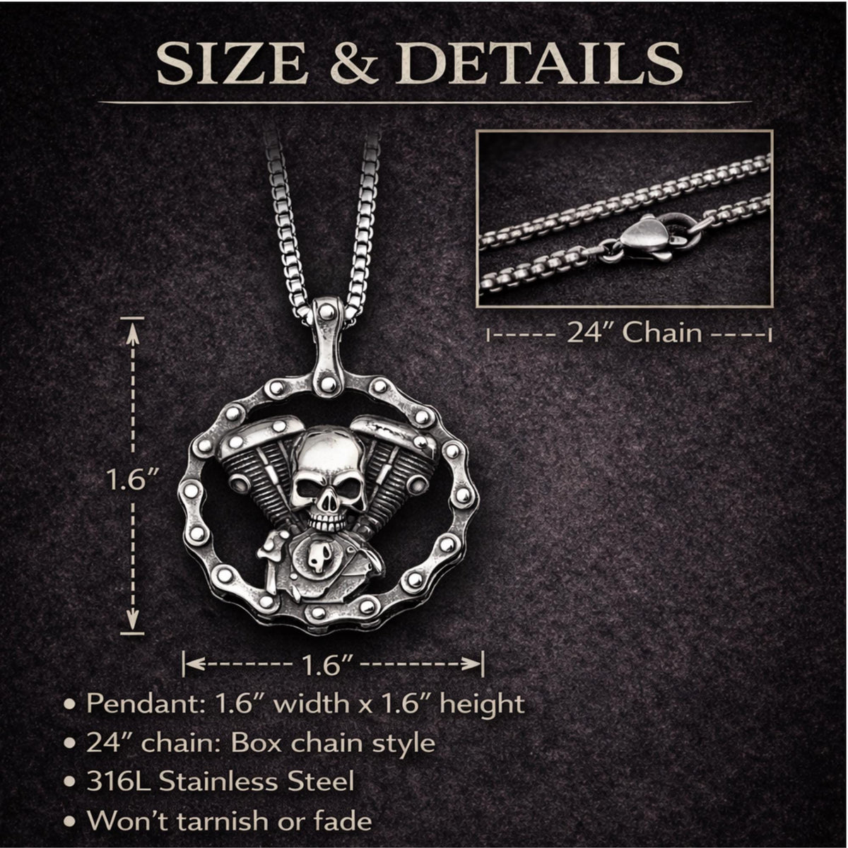 Recycled Stainless Steel Skull Engine Motorcycle Necklace, Biker Pendant, Gothic Jewelry