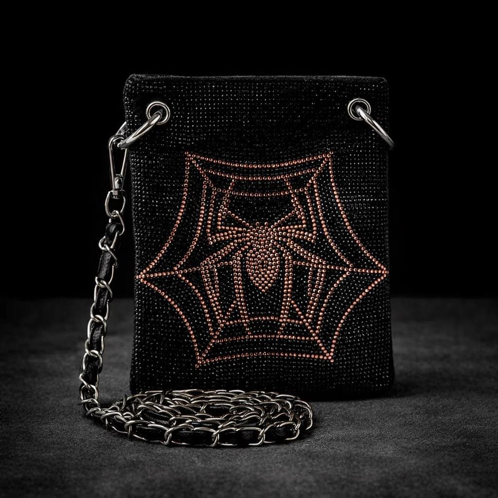 Rose Gold Spider Crossbody: Rhinestone Glam Goth Statement Bag