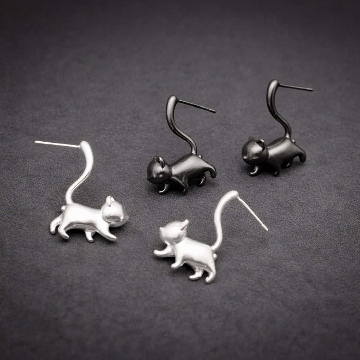 Silver Cat Stud Earrings: Wrap Tail Design in Gunmetal or Silver Finish