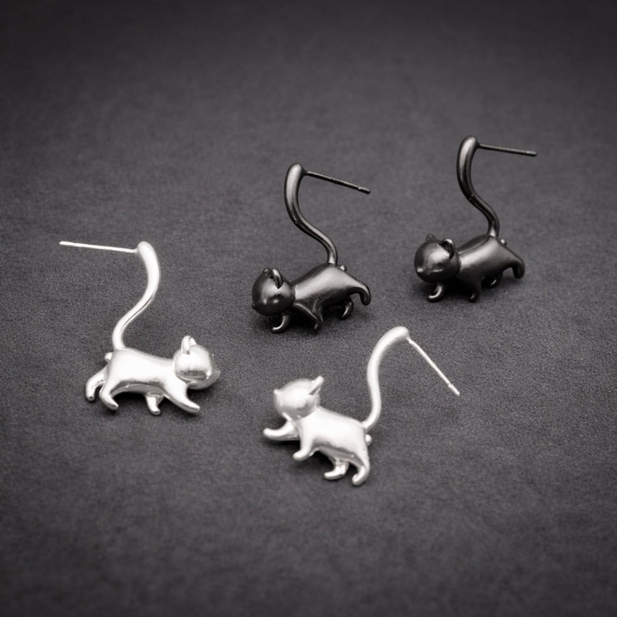 Silver Cat Stud Earrings: Wrap Tail Design in Gunmetal or Silver Finish