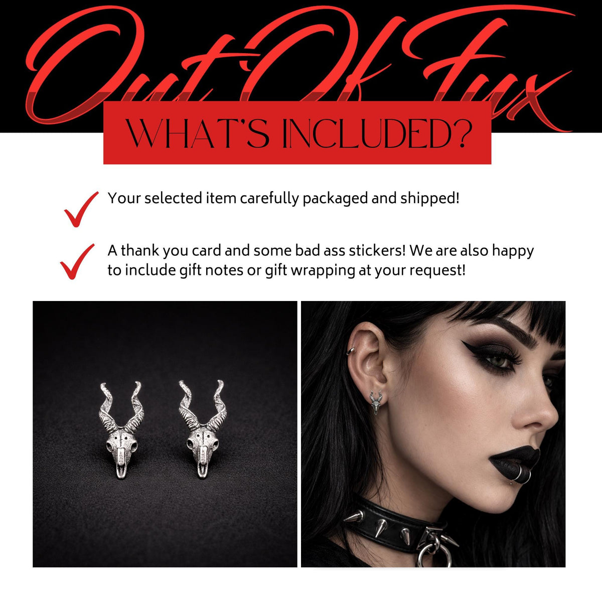 Sterling Silver Goat Skull Stud Earrings, Gothic Biker Punk Jewelry