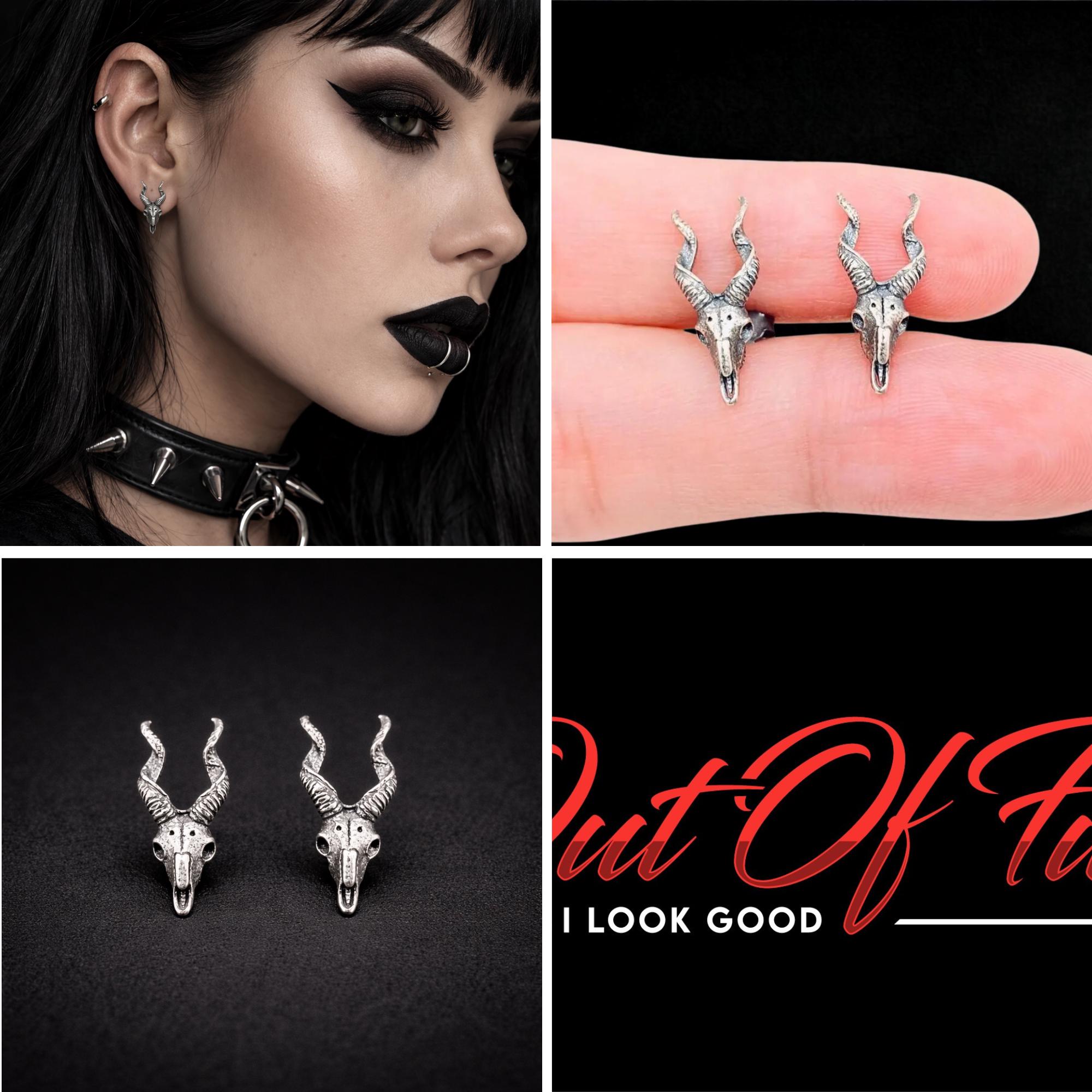 Sterling Silver Goat Skull Stud Earrings, Gothic Biker Punk Jewelry