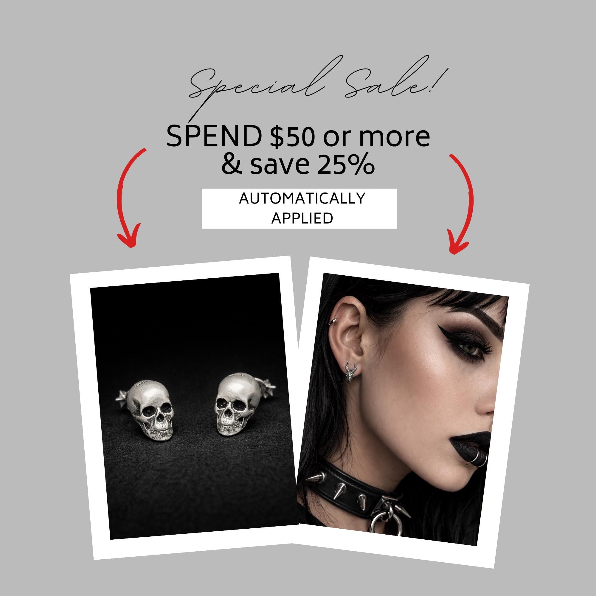 Sterling Silver Skull Stud Earrings: Gothic Biker Punk Jewelry