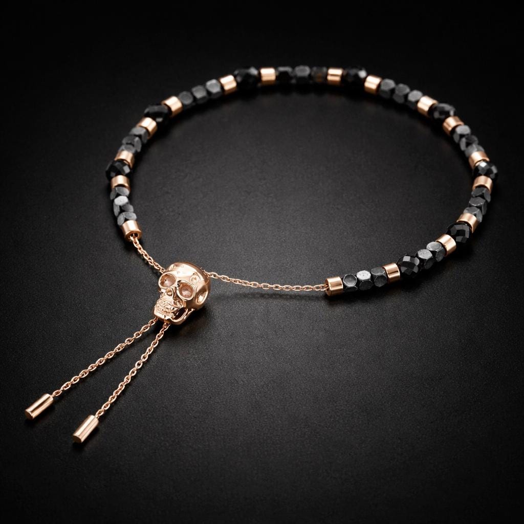 Rose Gold Skull Bracelet: Hematite Adjustable Goth Bead Jewelry