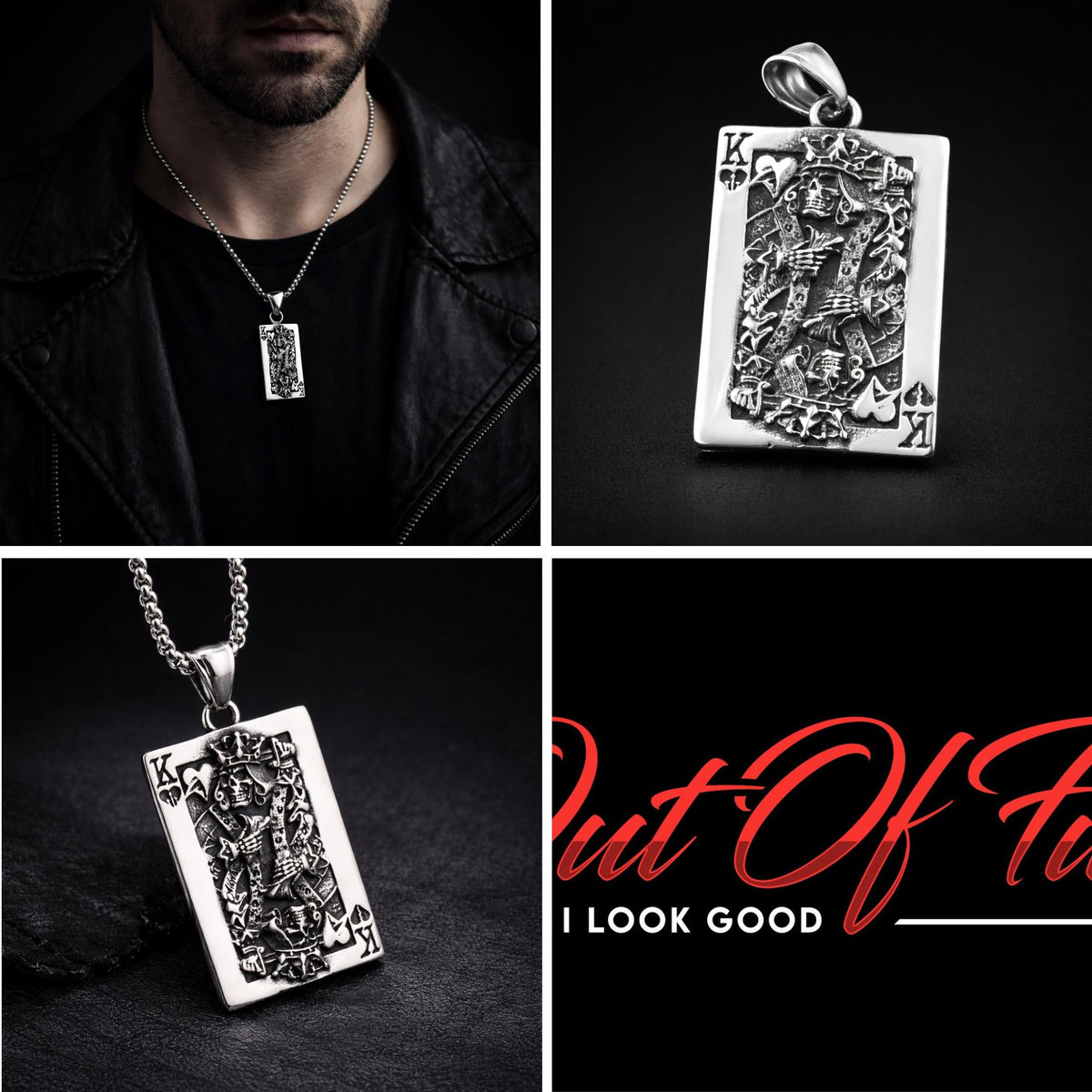 Men's Stainless Steel Skull King Playing Card Pendant Necklace, Gothic Biker Jewelry