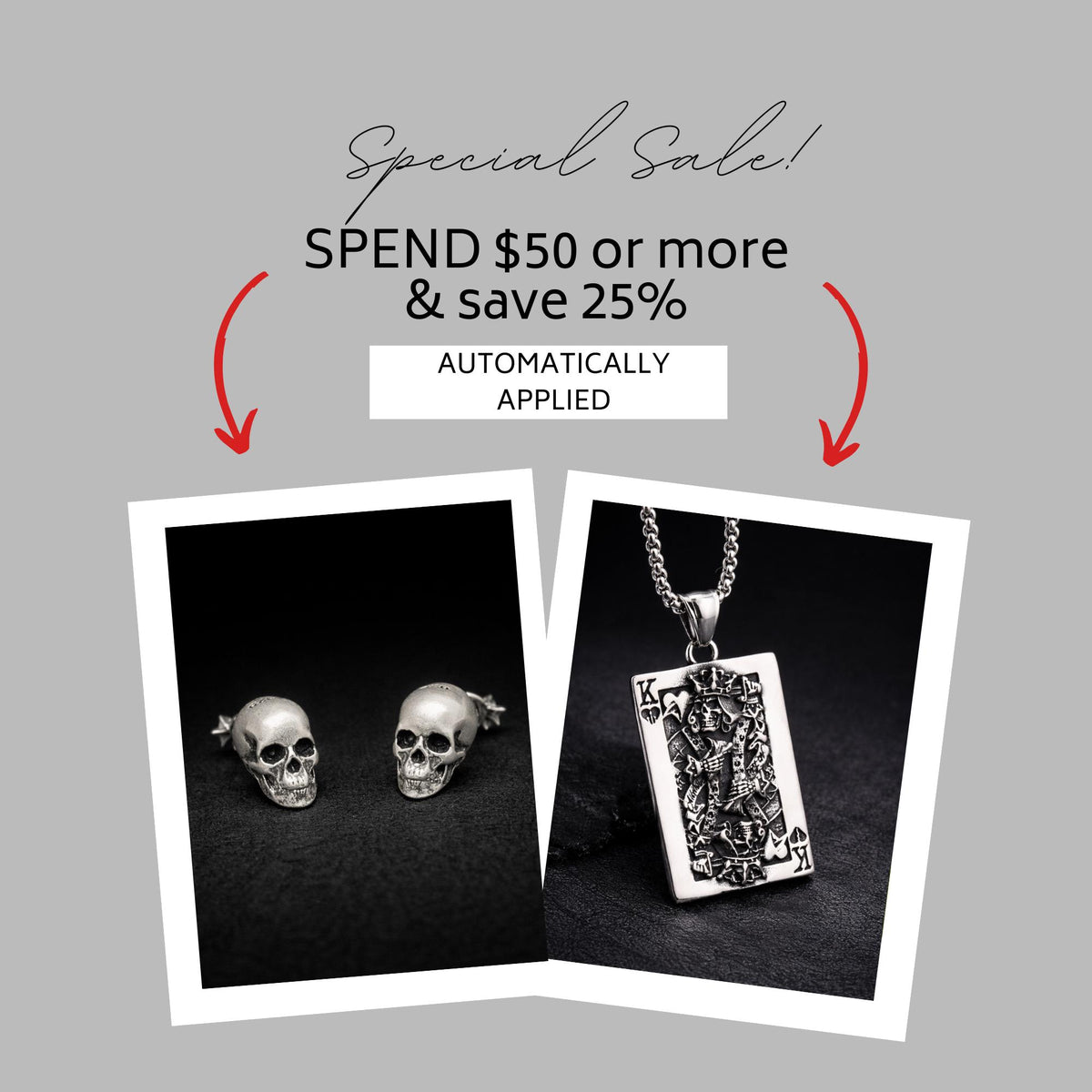Men's Stainless Steel Skull King Playing Card Pendant Necklace, Gothic Biker Jewelry