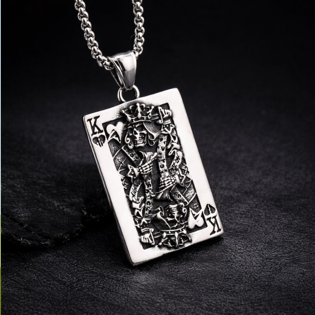 Men's Stainless Steel Skull King Playing Card Pendant Necklace, Gothic Biker Jewelry