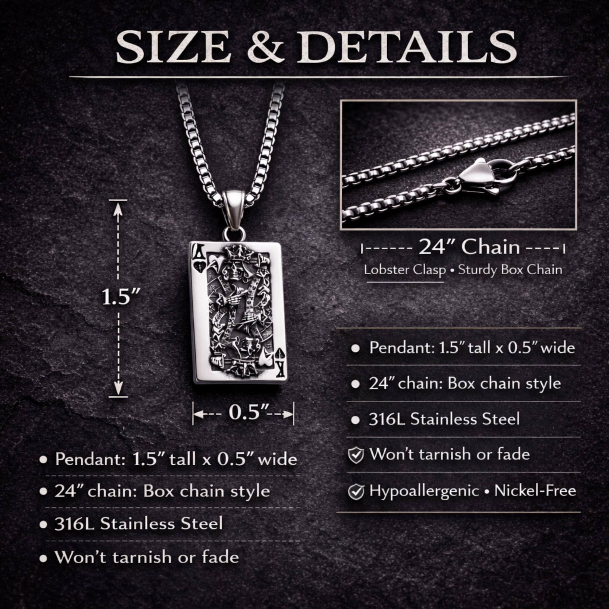 Biker Skull King Necklace for Men, Stainless Steel Playing Card Pendant, Gothic Mens Jewelry, Skull Pendant Necklace, Gift for Biker Dad