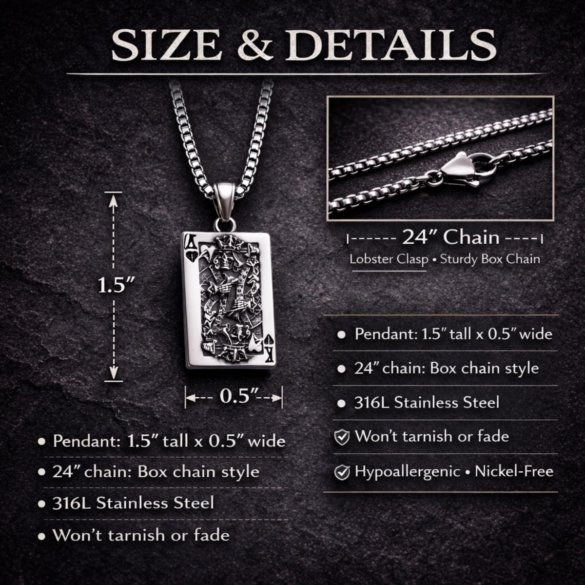 Biker Skull King Necklace for Men, Stainless Steel Playing Card Pendant, Gothic Mens Jewelry, Skull Pendant Necklace, Gift for Biker Dad