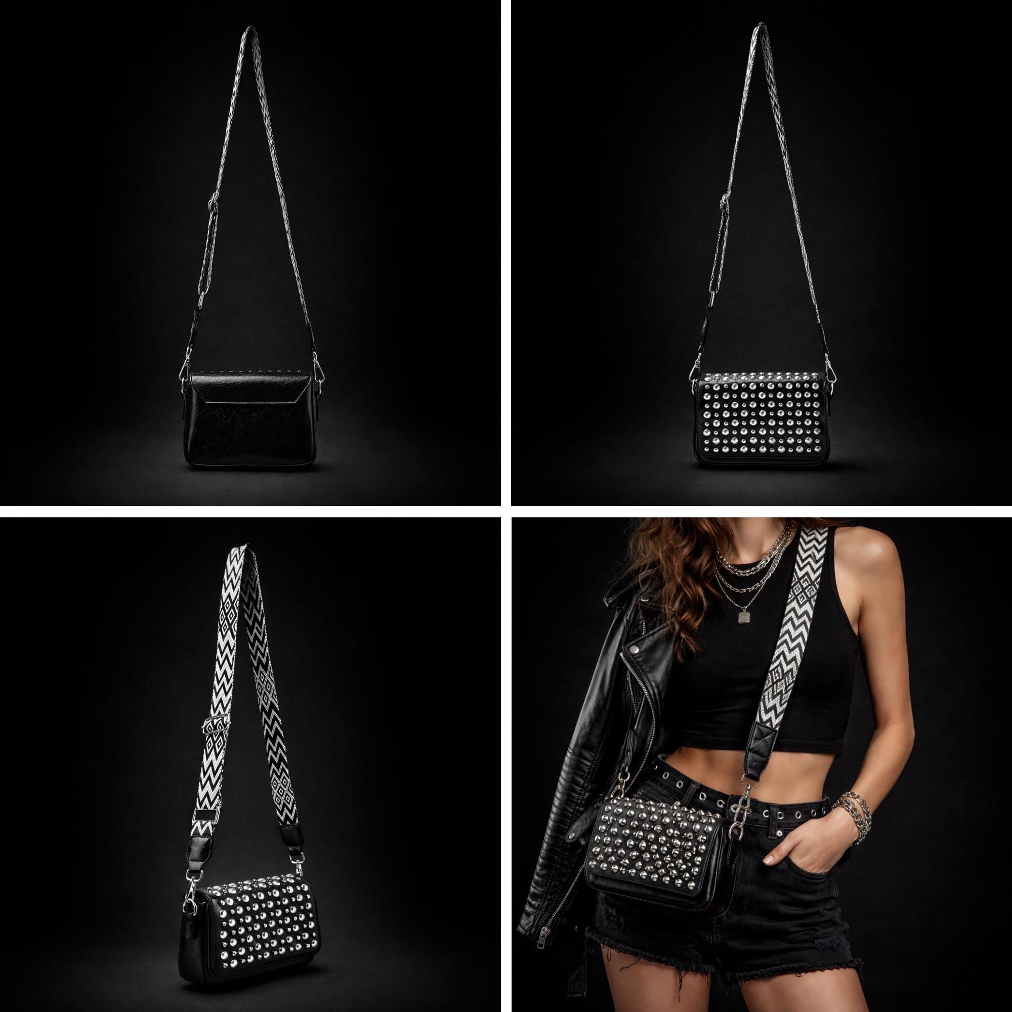 Studded Crossbody Bag for Women, Rock Style Shoulder Purse, Black Faux Leather Studded Handbag, Punk Alt Fashion Night Out Bag