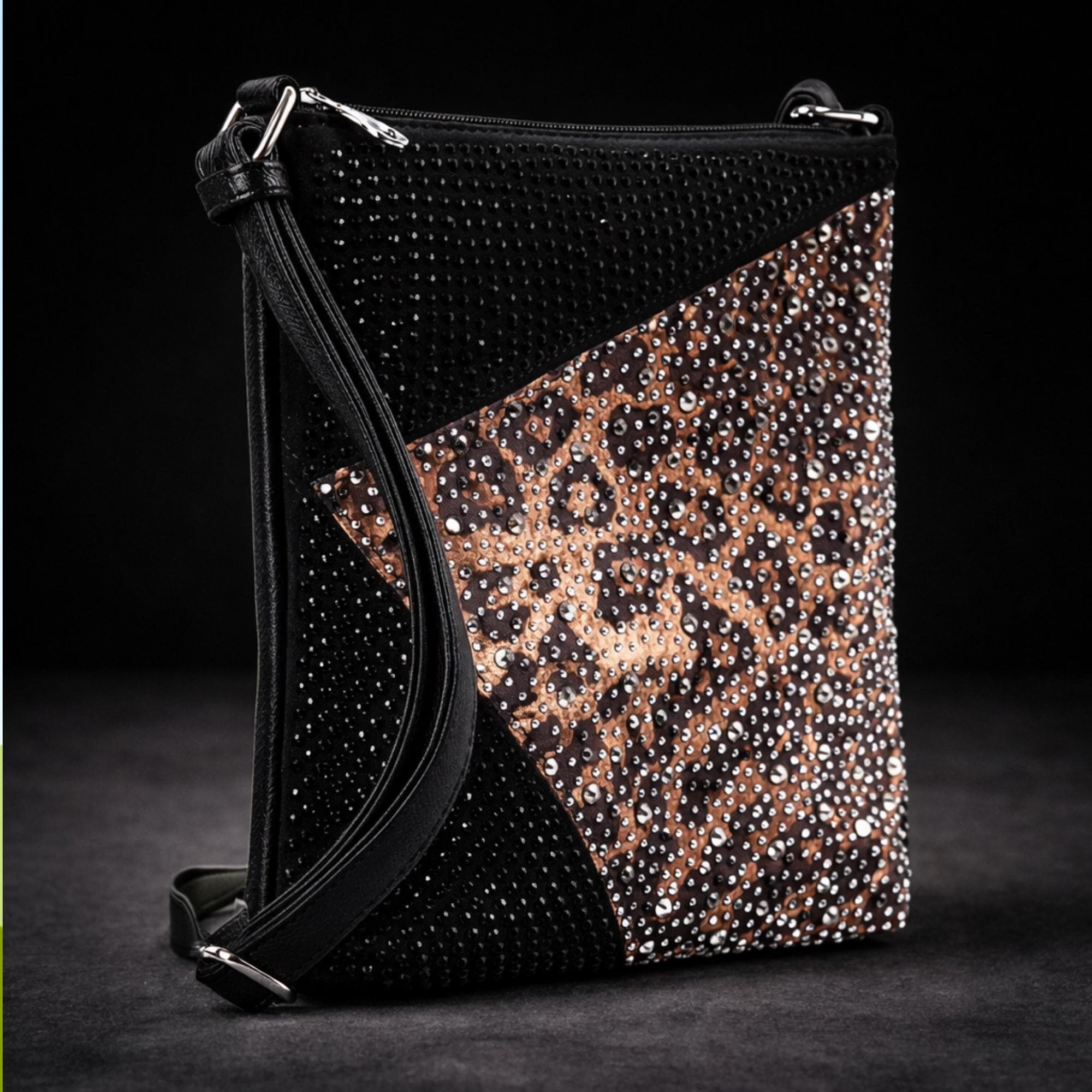 Leopard Rhinestone Crossbody Purse: Black Glam Statement Bag for Women