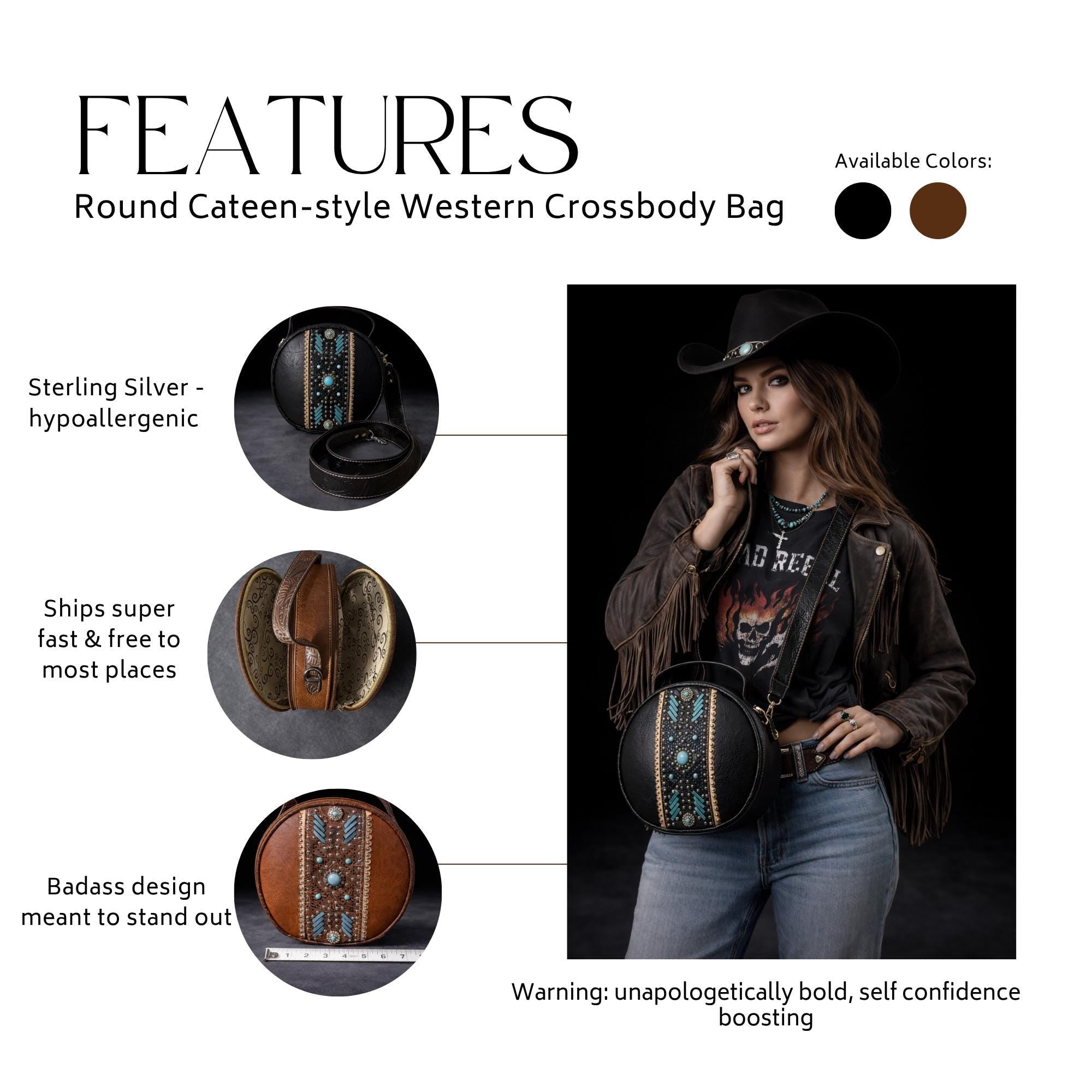 Western Canteen Crossbody Bag with Turquoise Studs, Round Tooled Faux Leather Cowgirl Purse
