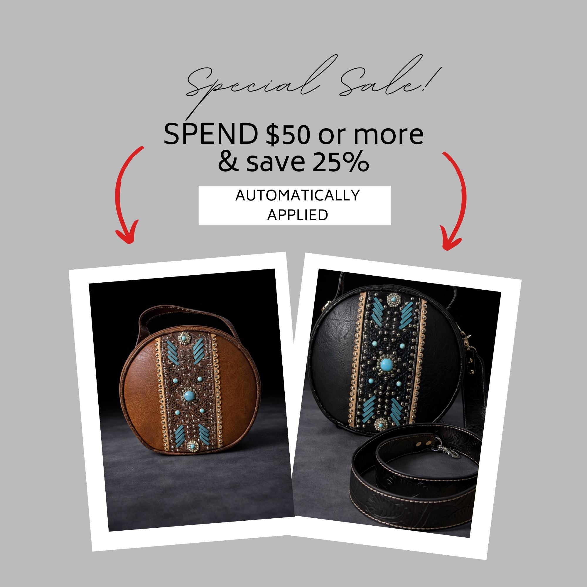 Western Canteen Crossbody Bag with Turquoise Studs, Round Tooled Faux Leather Cowgirl Purse