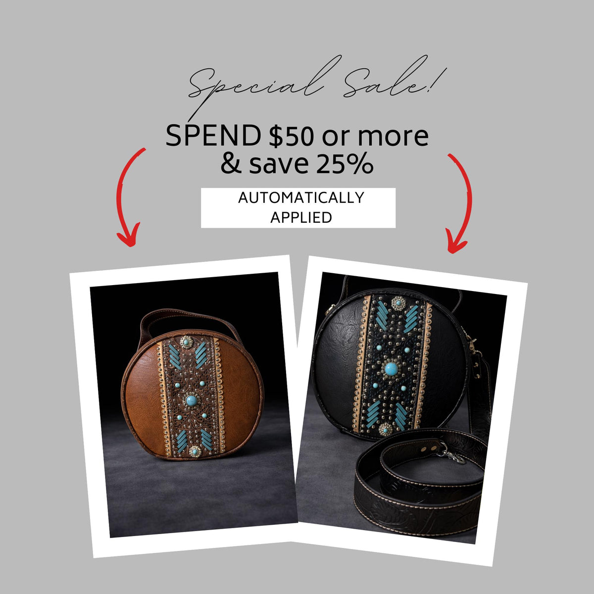 Western Canteen Crossbody Bag with Turquoise Studs, Round Tooled Faux Leather Cowgirl Purse