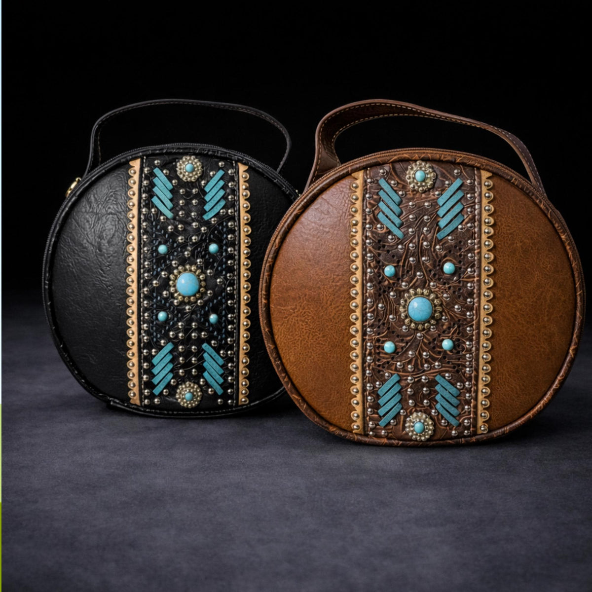 Western Canteen Crossbody Bag with Turquoise Studs, Round Tooled Faux Leather Cowgirl Purse