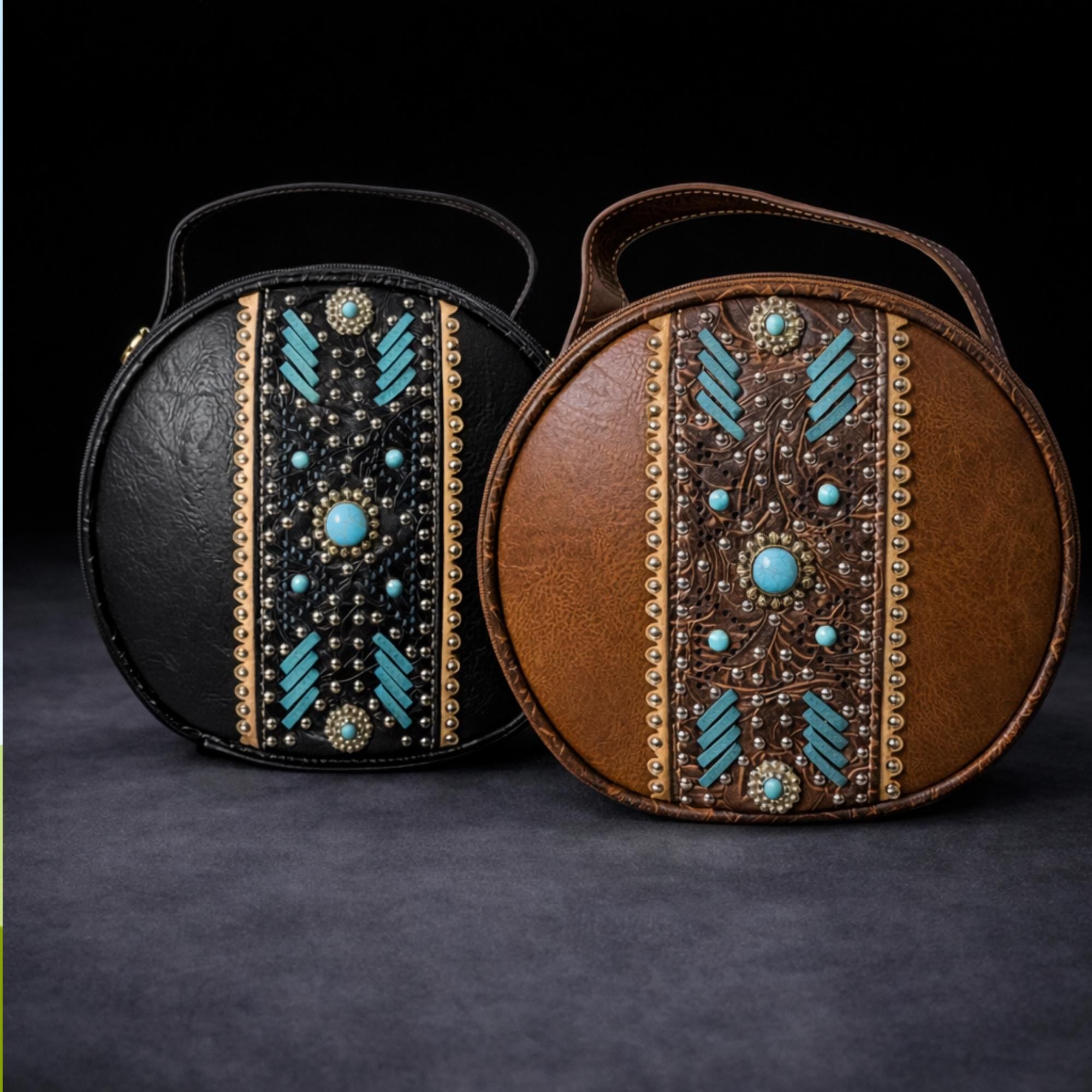 Western Canteen Crossbody Bag with Turquoise Studs, Round Tooled Faux Leather Cowgirl Purse