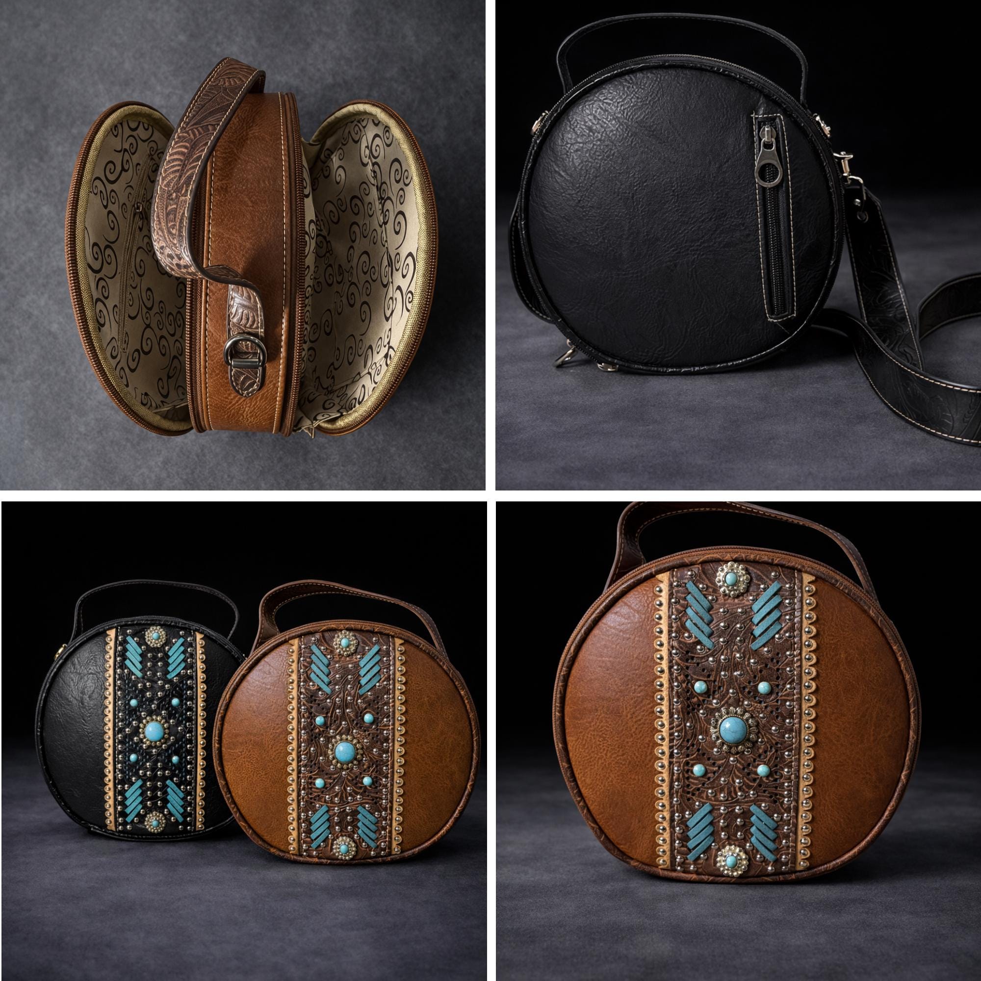 Western Canteen Crossbody Bag with Turquoise Studs, Round Tooled Faux Leather Cowgirl Purse