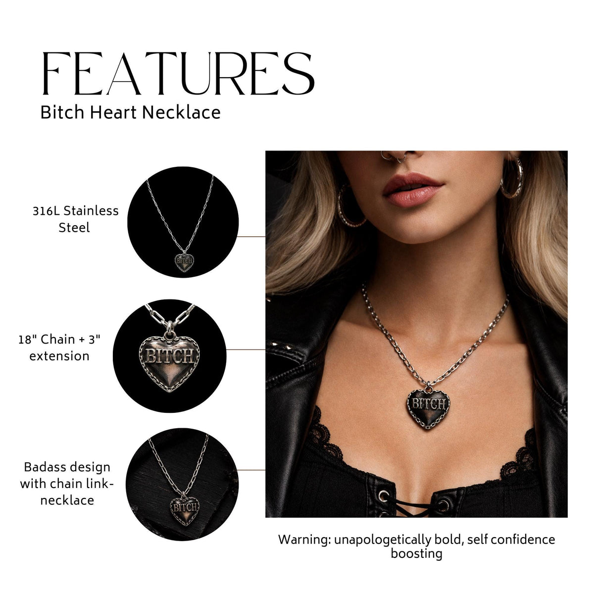 Bitch Heart Necklace, Stainless Steel Swear Word Pendant, Rebel Cowgirl Jewelry, Edgy Statement Necklace, Funny Gift for Bold Women