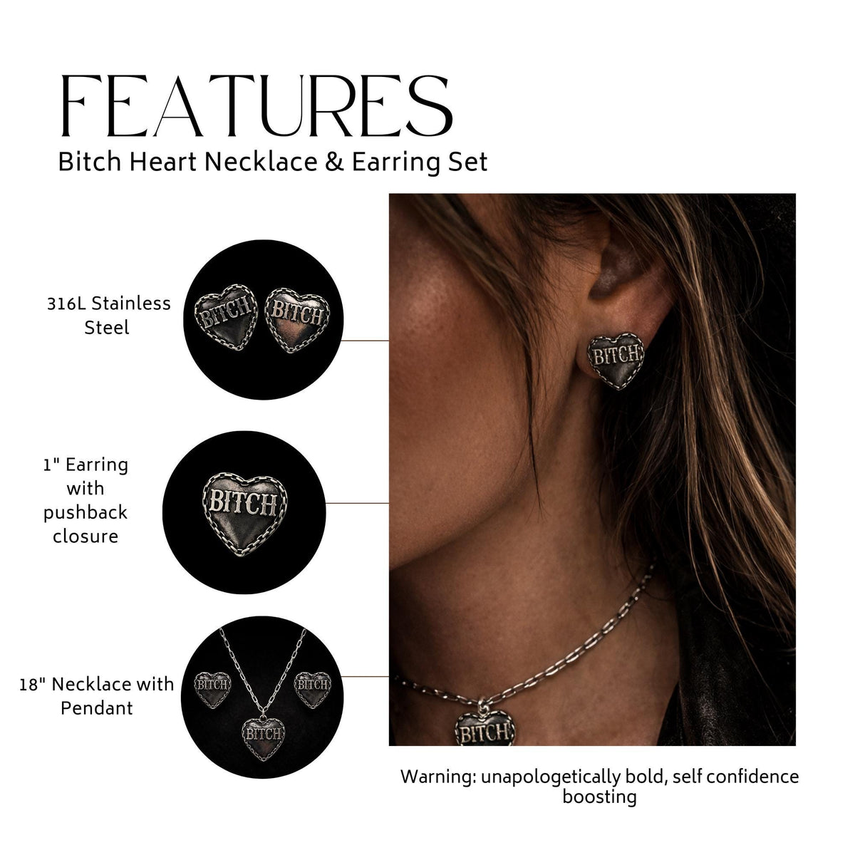 Bitch Heart Jewelry Set, Stainless Steel Necklace and Earrings, Rebel Cowgirl Jewelry, Edgy Statement Set, Funny Swear Word Gift
