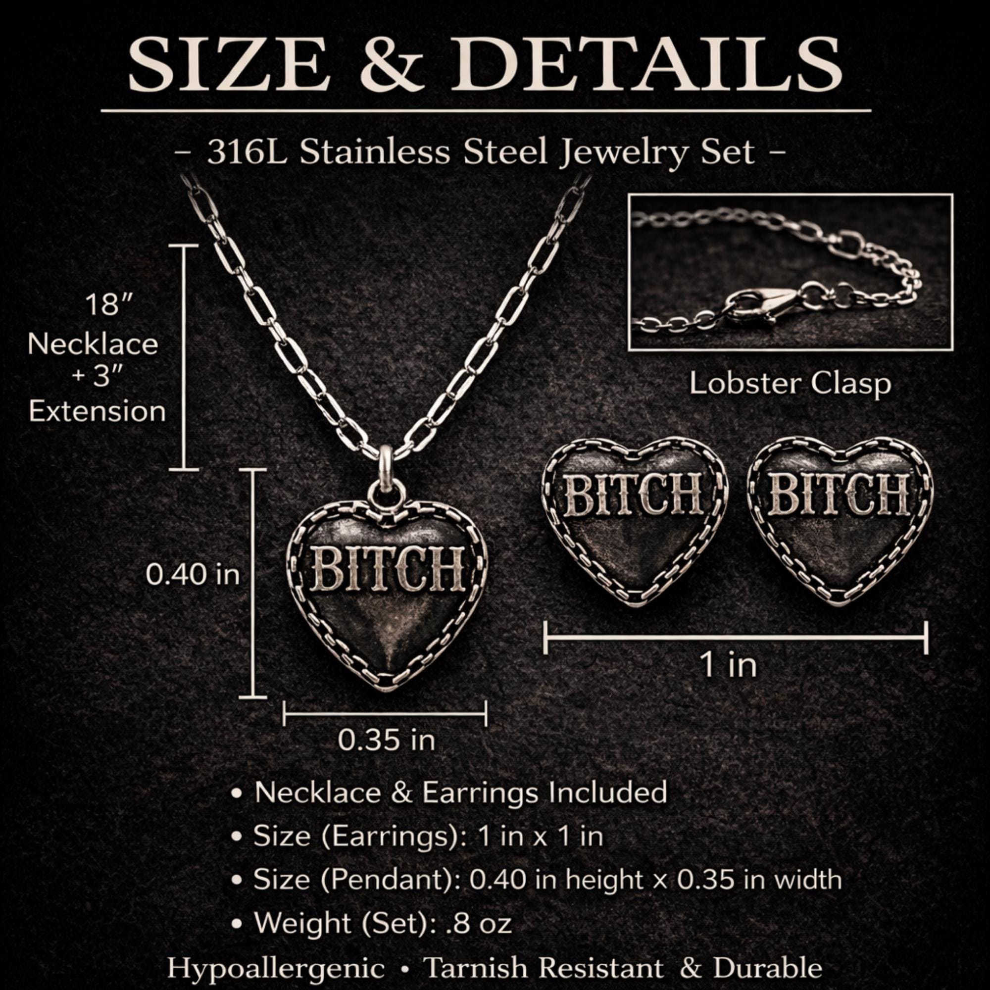 Bitch Heart Jewelry Set, Stainless Steel Necklace and Earrings, Rebel Cowgirl Jewelry, Edgy Statement Set, Funny Swear Word Gift