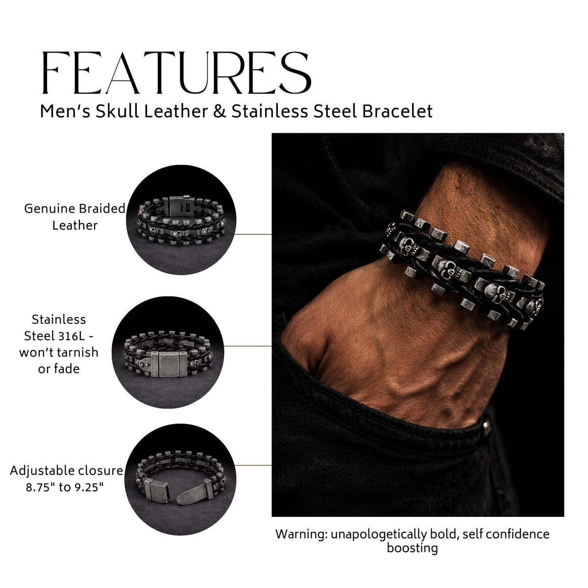 Adjustable Heavy Stainless Steel & Leather Skull Bracelet for Men