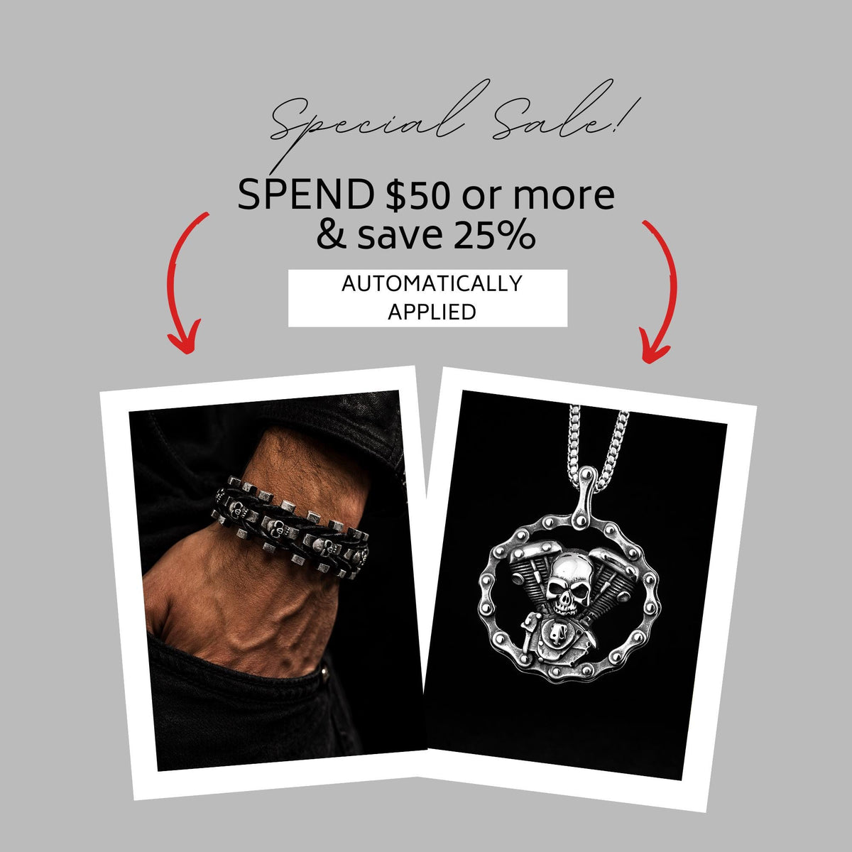 Recycled Stainless Steel Skull Engine Motorcycle Necklace, Biker Pendant, Gothic Jewelry