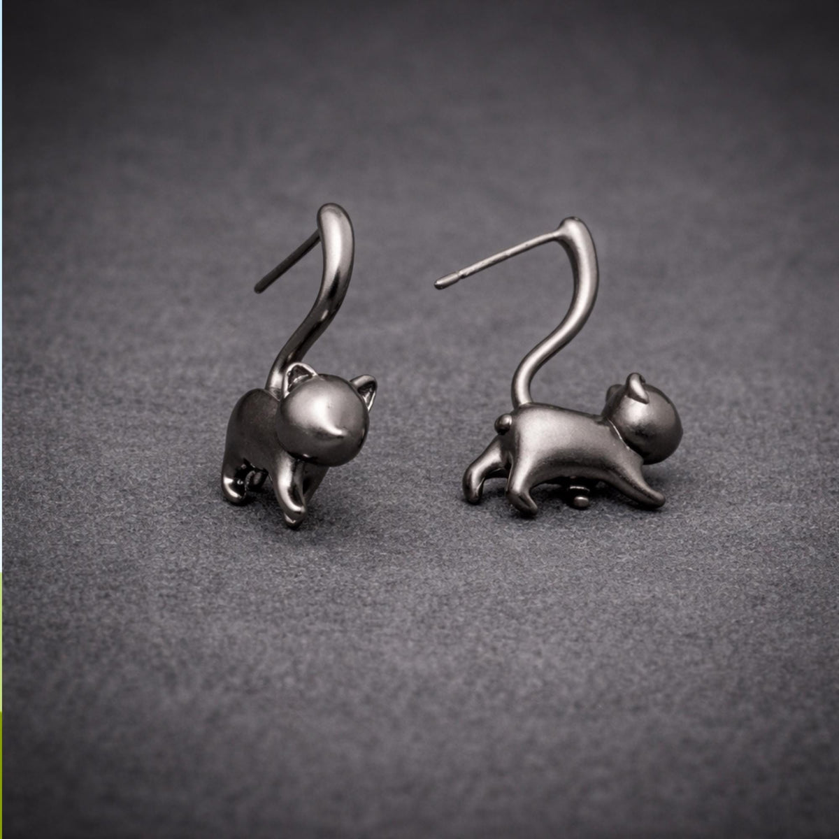 Silver Cat Stud Earrings: Wrap Tail Design in Gunmetal or Silver Finish