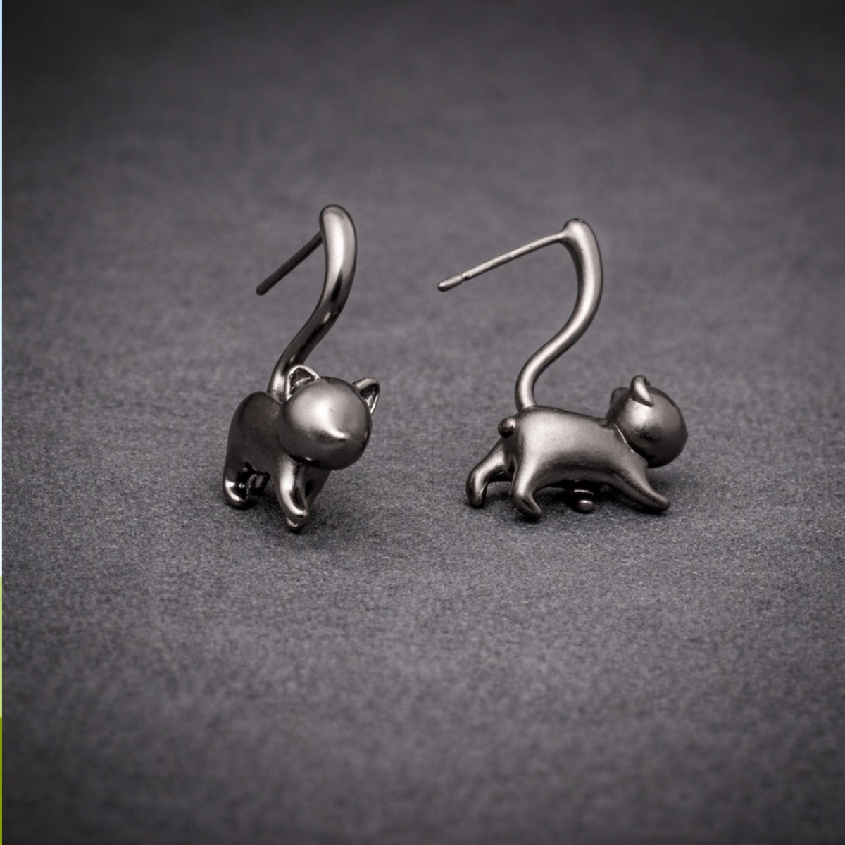 Silver Cat Stud Earrings: Wrap Tail Design in Gunmetal or Silver Finish