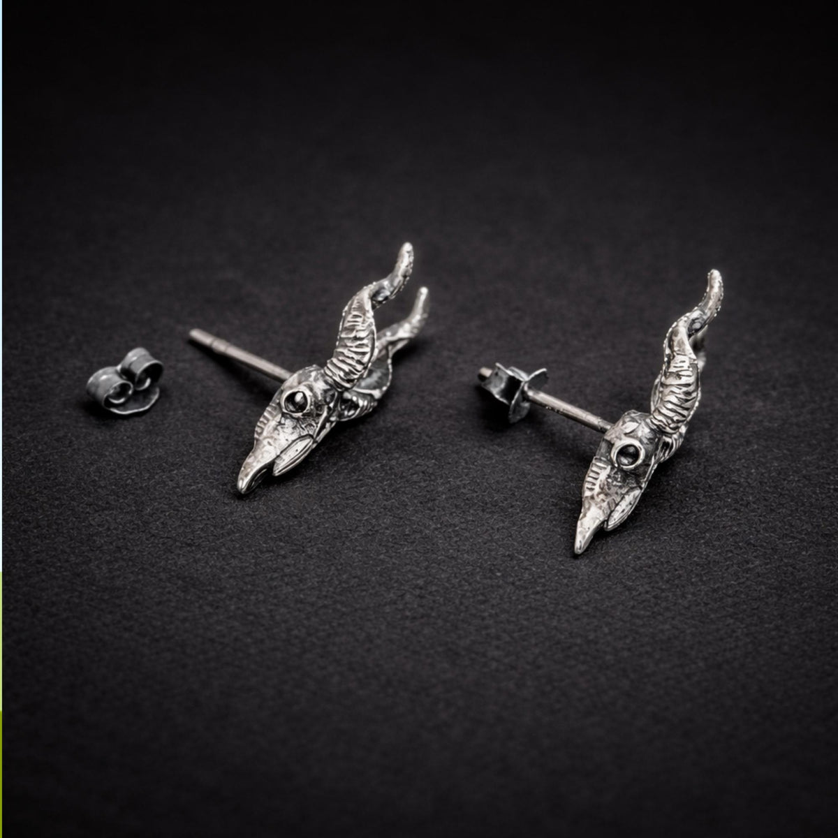 Sterling Silver Goat Skull Stud Earrings, Gothic Biker Punk Jewelry