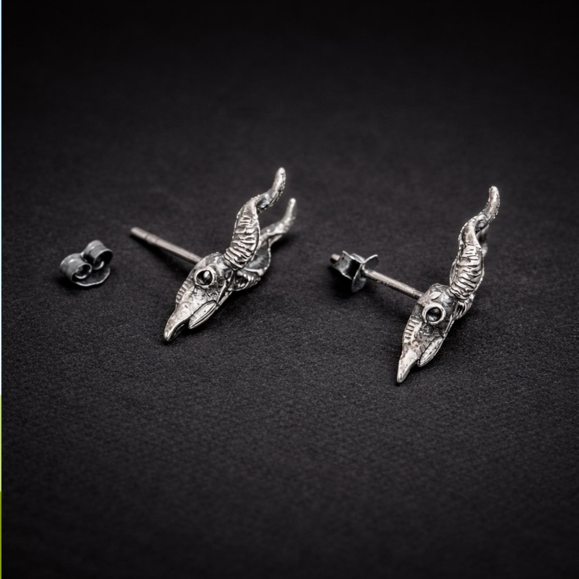 Sterling Silver Goat Skull Stud Earrings, Gothic Biker Punk Jewelry