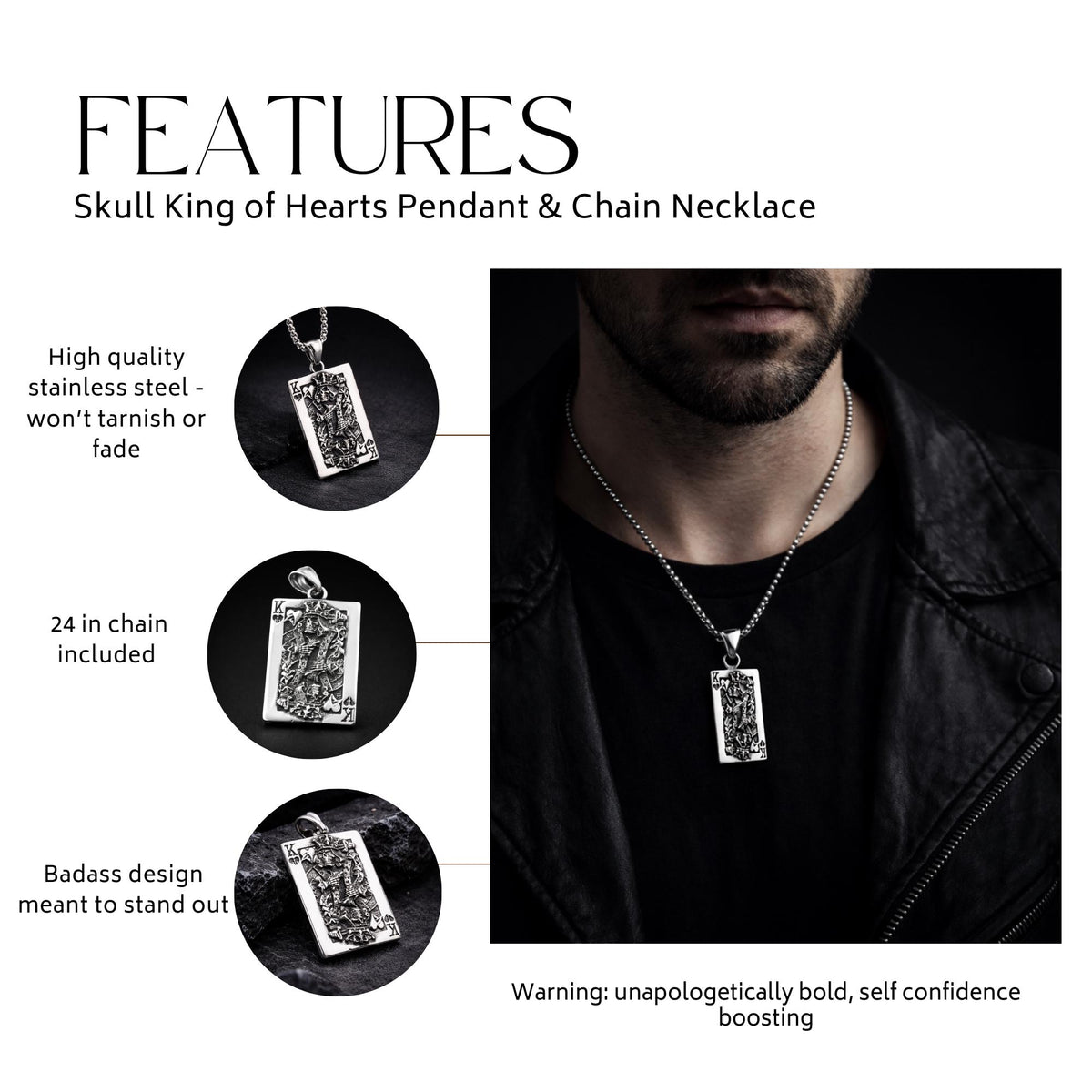 Men's Stainless Steel Skull King Playing Card Pendant Necklace, Gothic Biker Jewelry