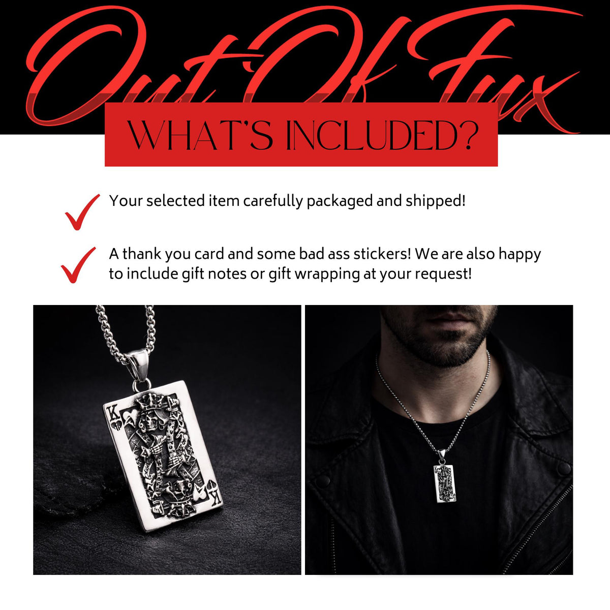 Men's Stainless Steel Skull King Playing Card Pendant Necklace, Gothic Biker Jewelry
