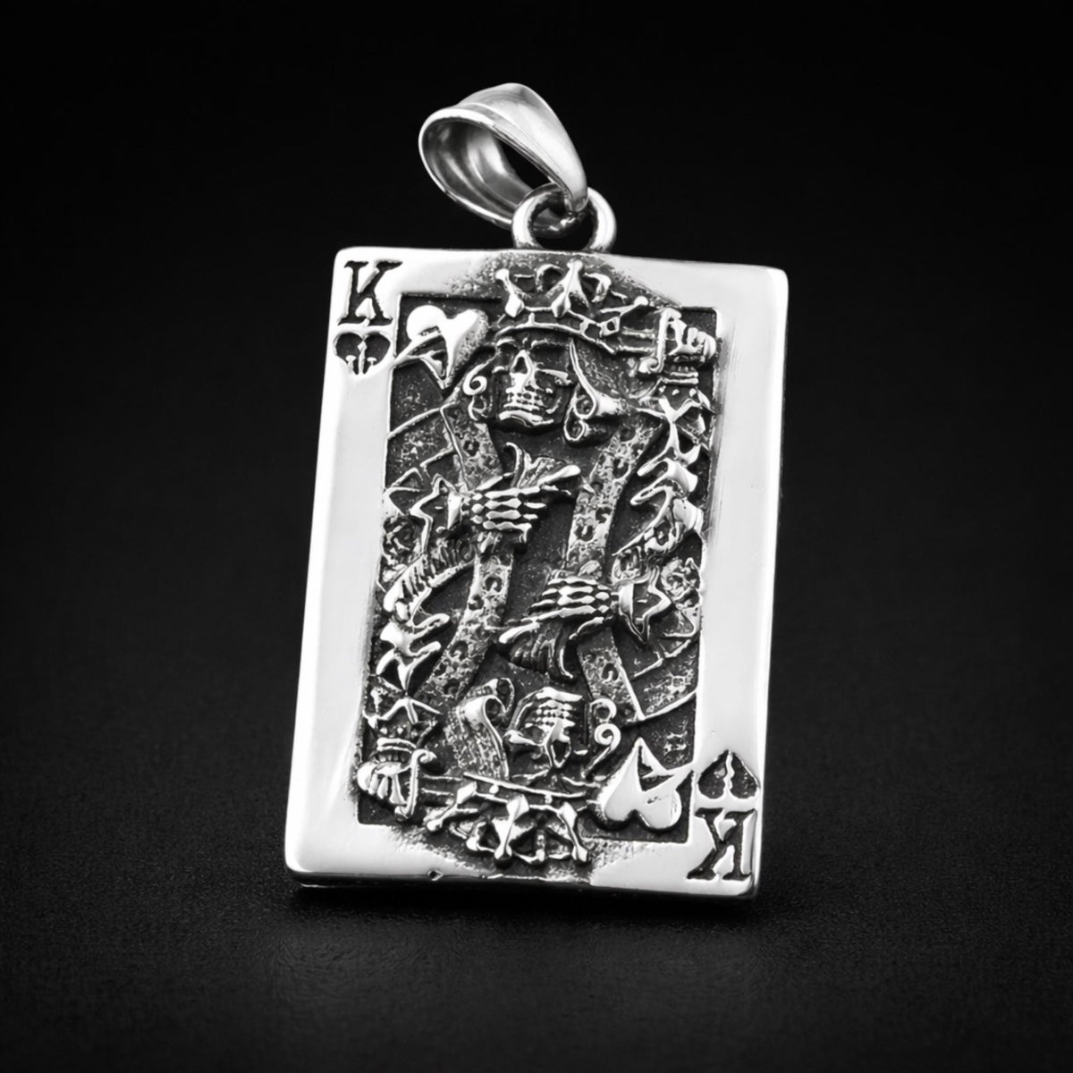 Men's Stainless Steel Skull King Playing Card Pendant Necklace, Gothic Biker Jewelry