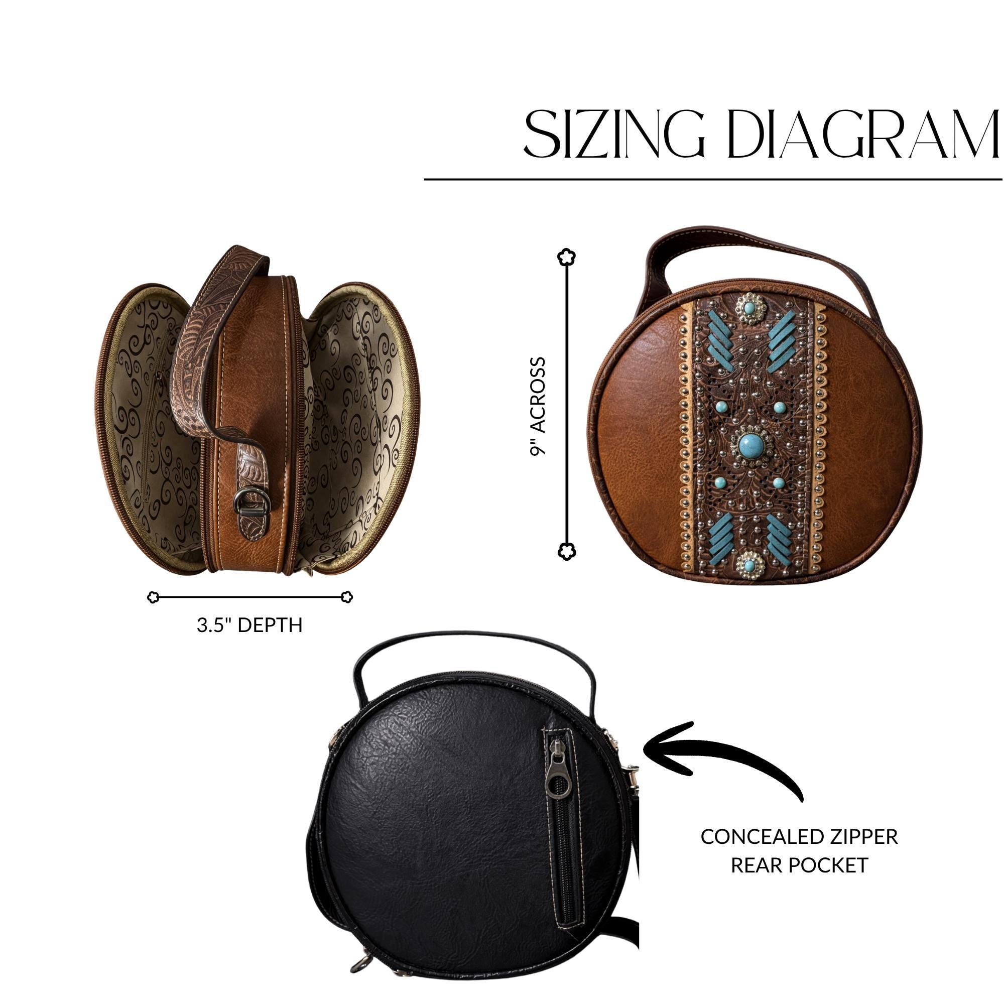 Western Canteen Crossbody Bag with Turquoise Studs, Round Tooled Faux Leather Cowgirl Purse