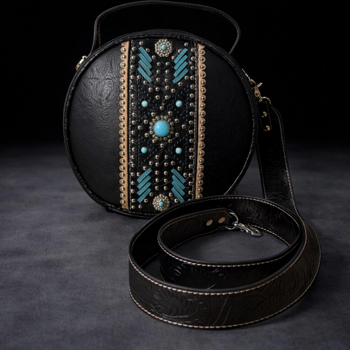 Western Canteen Crossbody Bag with Turquoise Studs, Round Tooled Faux Leather Cowgirl Purse