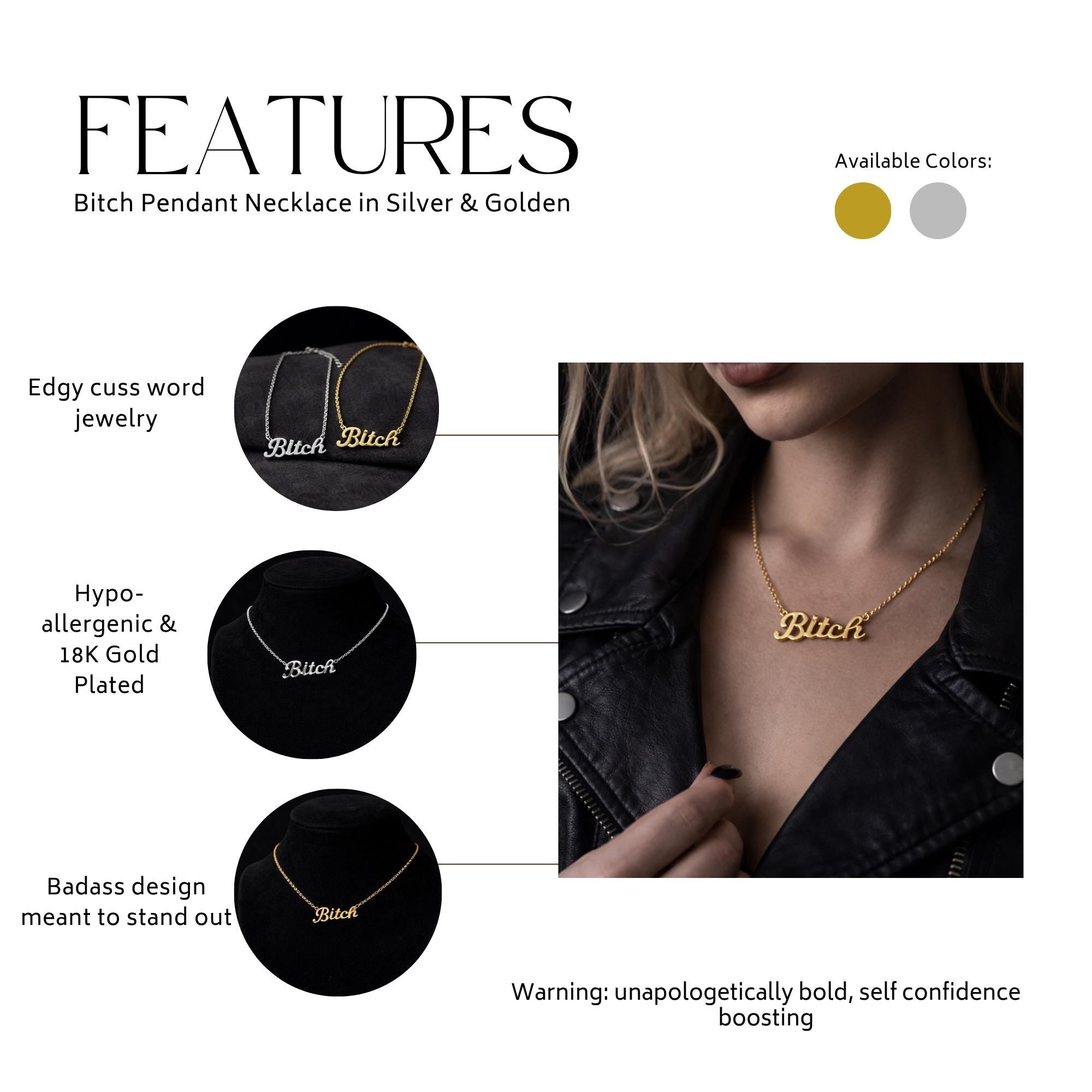 Gold Bitch Necklace, Stainless Steel Curse Word Pendant, Bold Edgy Statement Jewelry