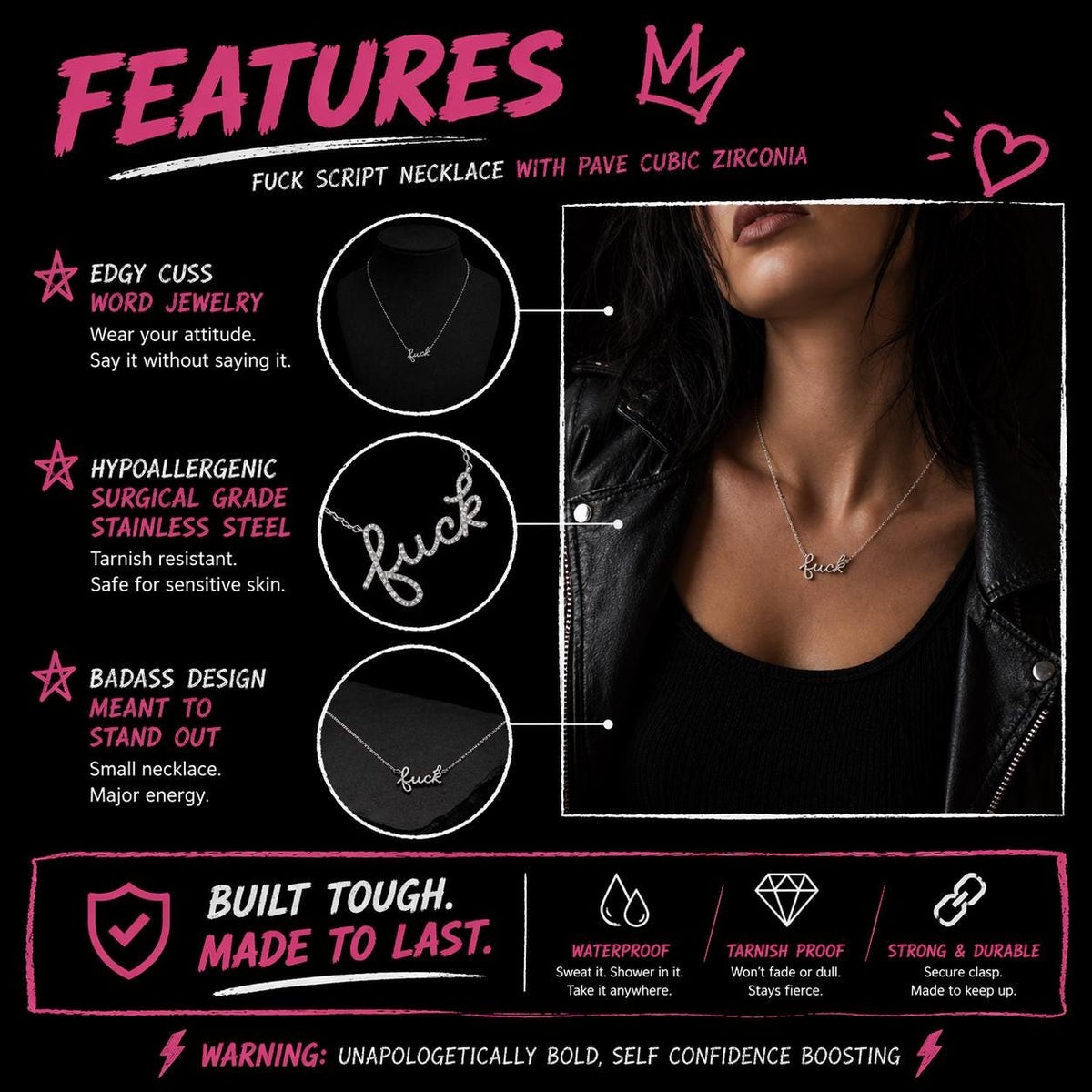 Silver Pavé Fuck Script Necklace: Bold Edgy Statement Jewelry for Women