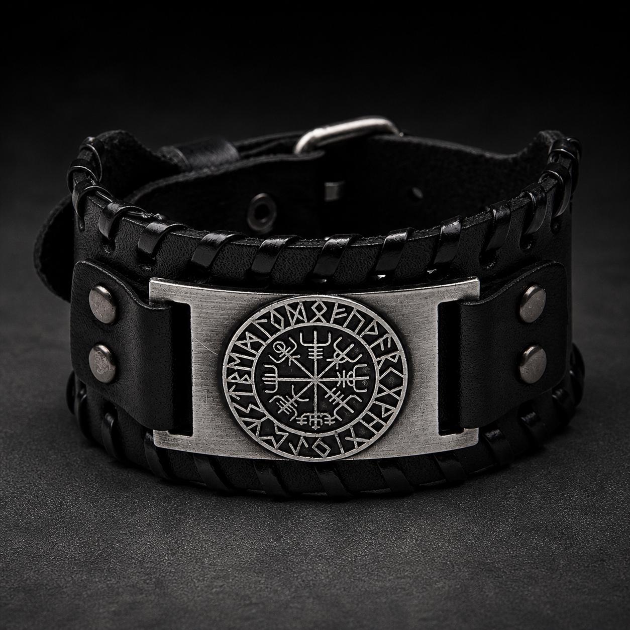 Men’s Viking Leather Cuff Bracelet with Norse Compass, Medieval Warrior Wristband