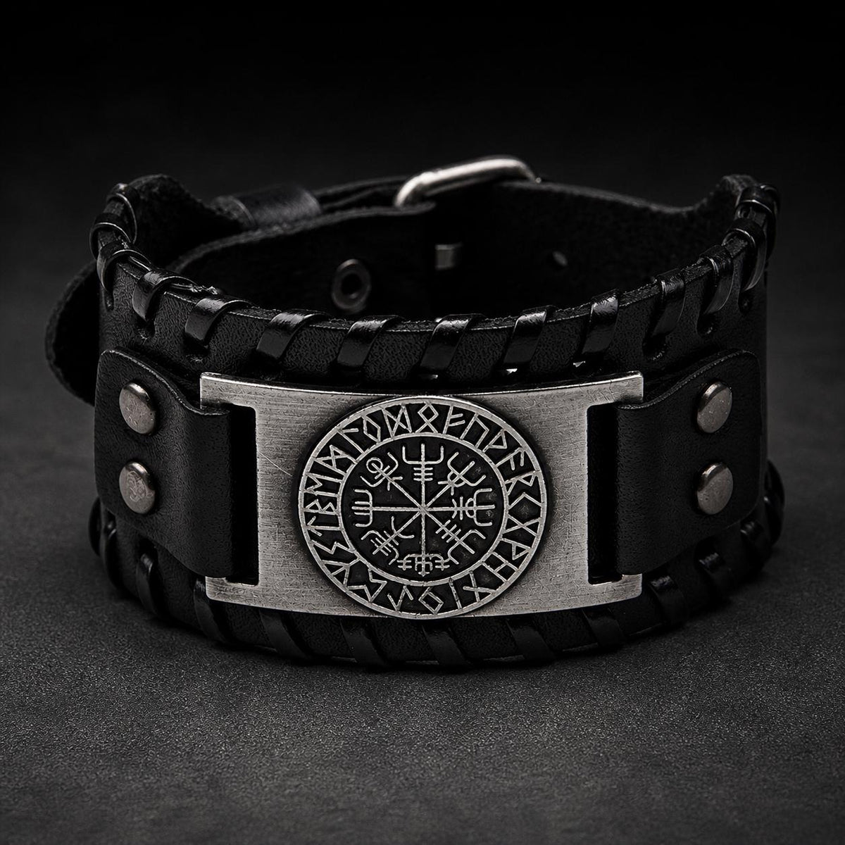 Men’s Viking Leather Cuff Bracelet with Norse Compass, Medieval Warrior Wristband