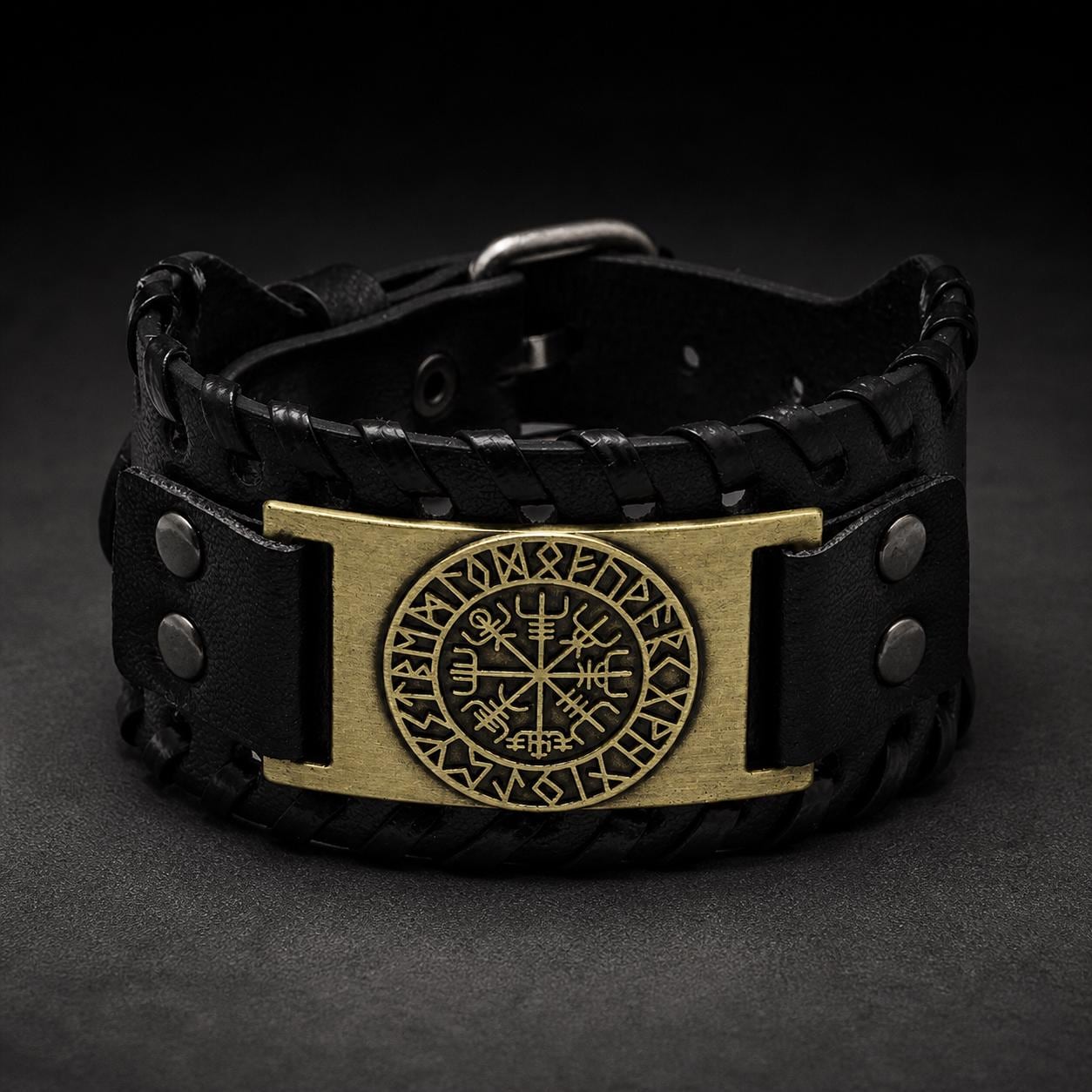 Men’s Viking Leather Cuff Bracelet with Norse Compass, Medieval Warrior Wristband