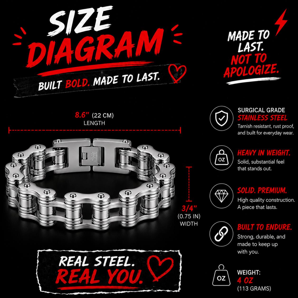 Heavy Stainless Steel Biker Bracelet for Men: Chunky Polished Chain Design