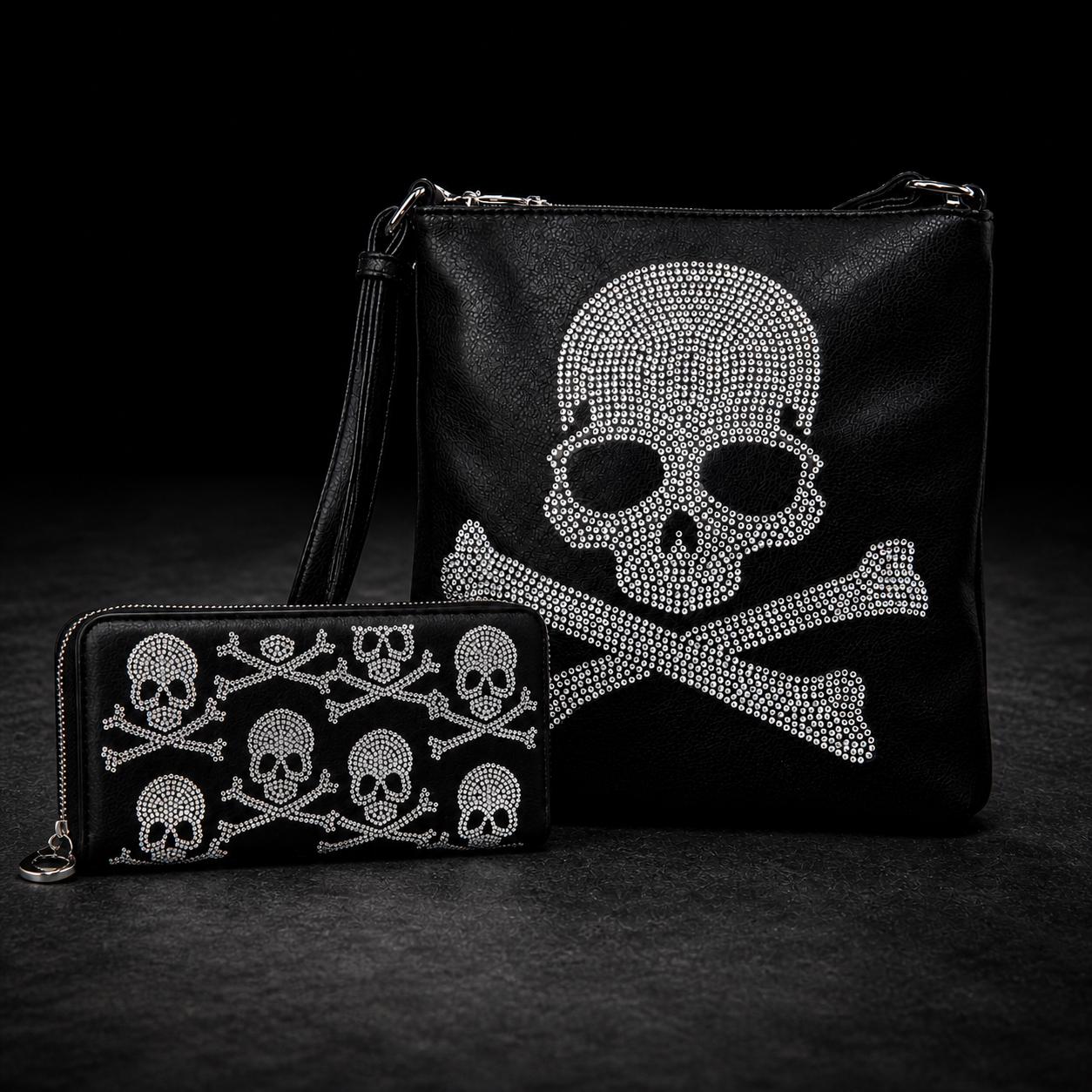 Rhinestone Skull Purse Set: Black Faux Leather Bag and Wallet Combo