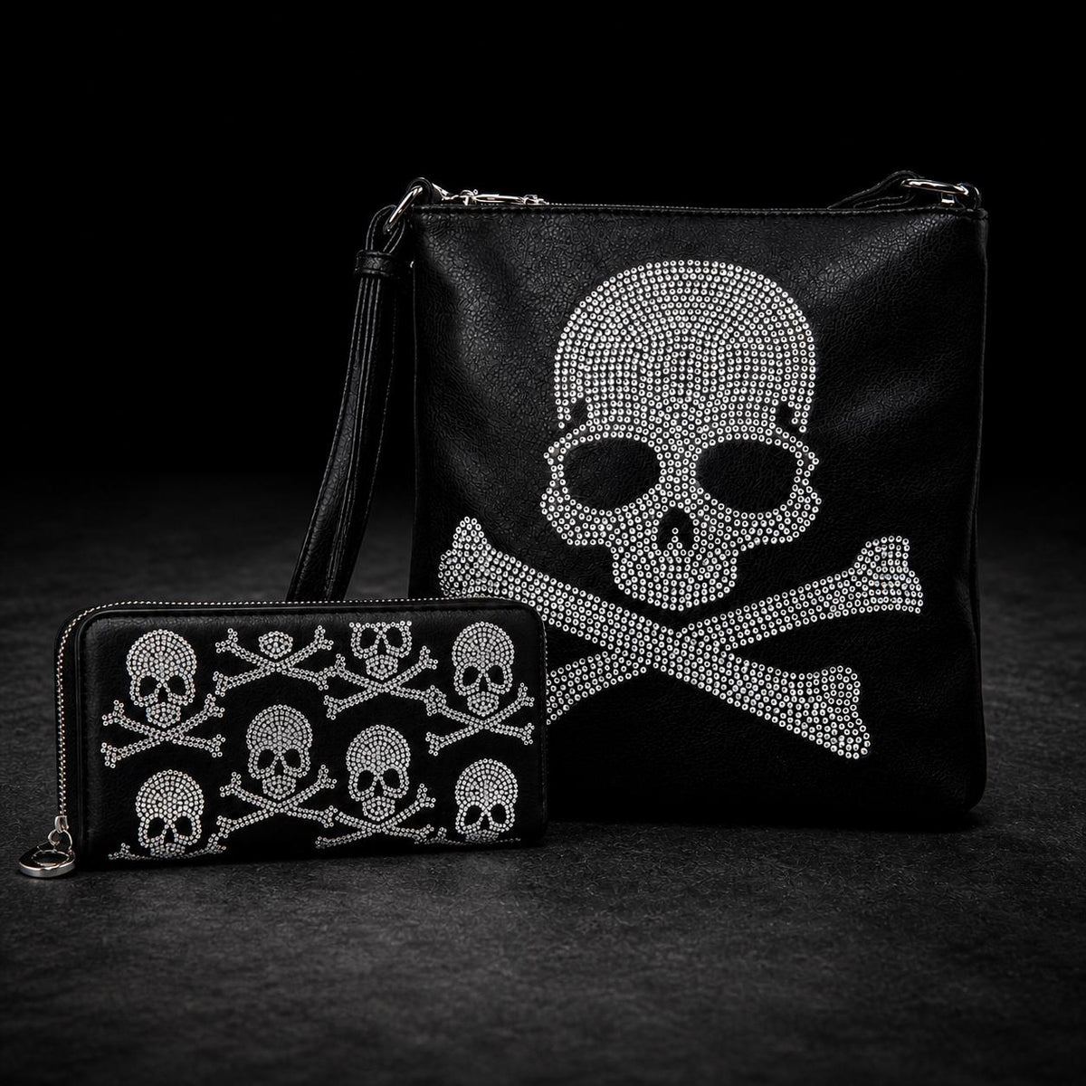 Rhinestone Skull Purse Set: Black Faux Leather Bag and Wallet Combo